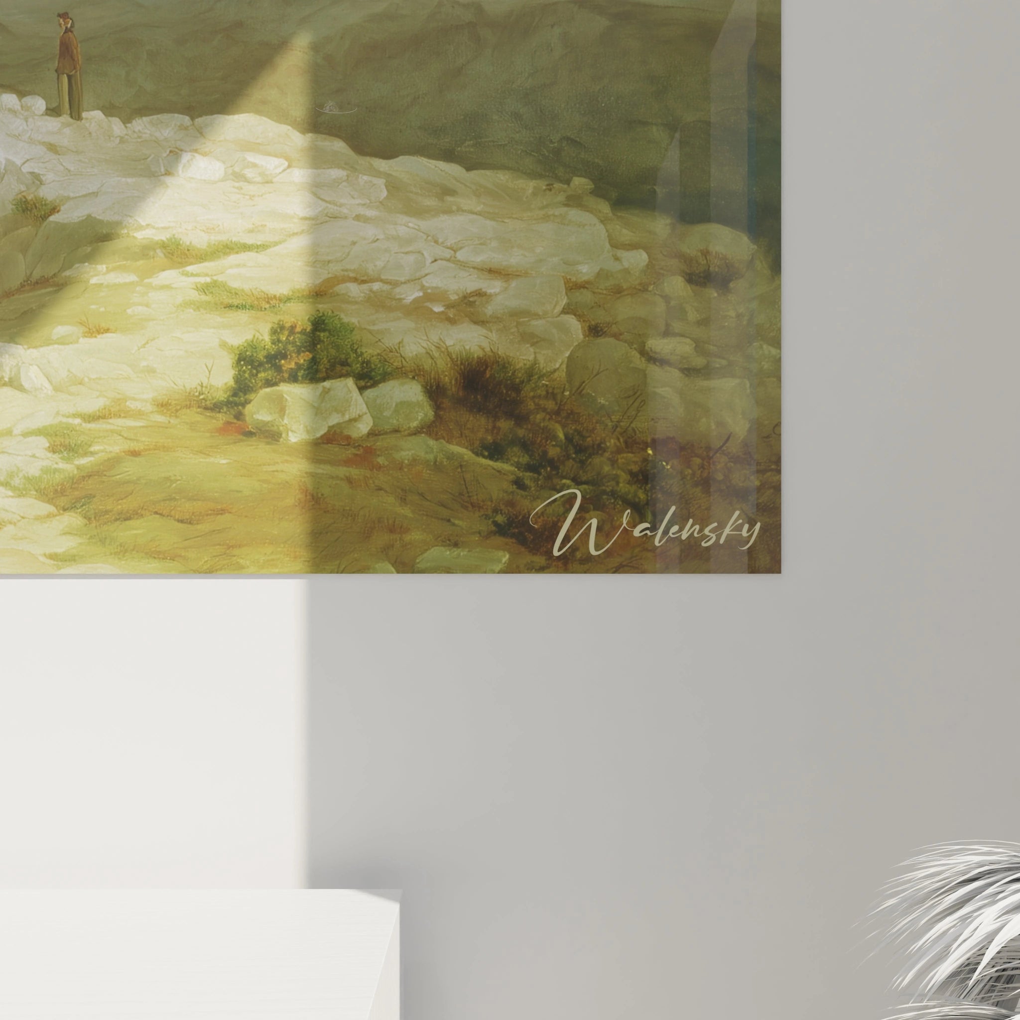 Walensky tableau paysage romantique mural représentant rochers éclairés par soleil et signature