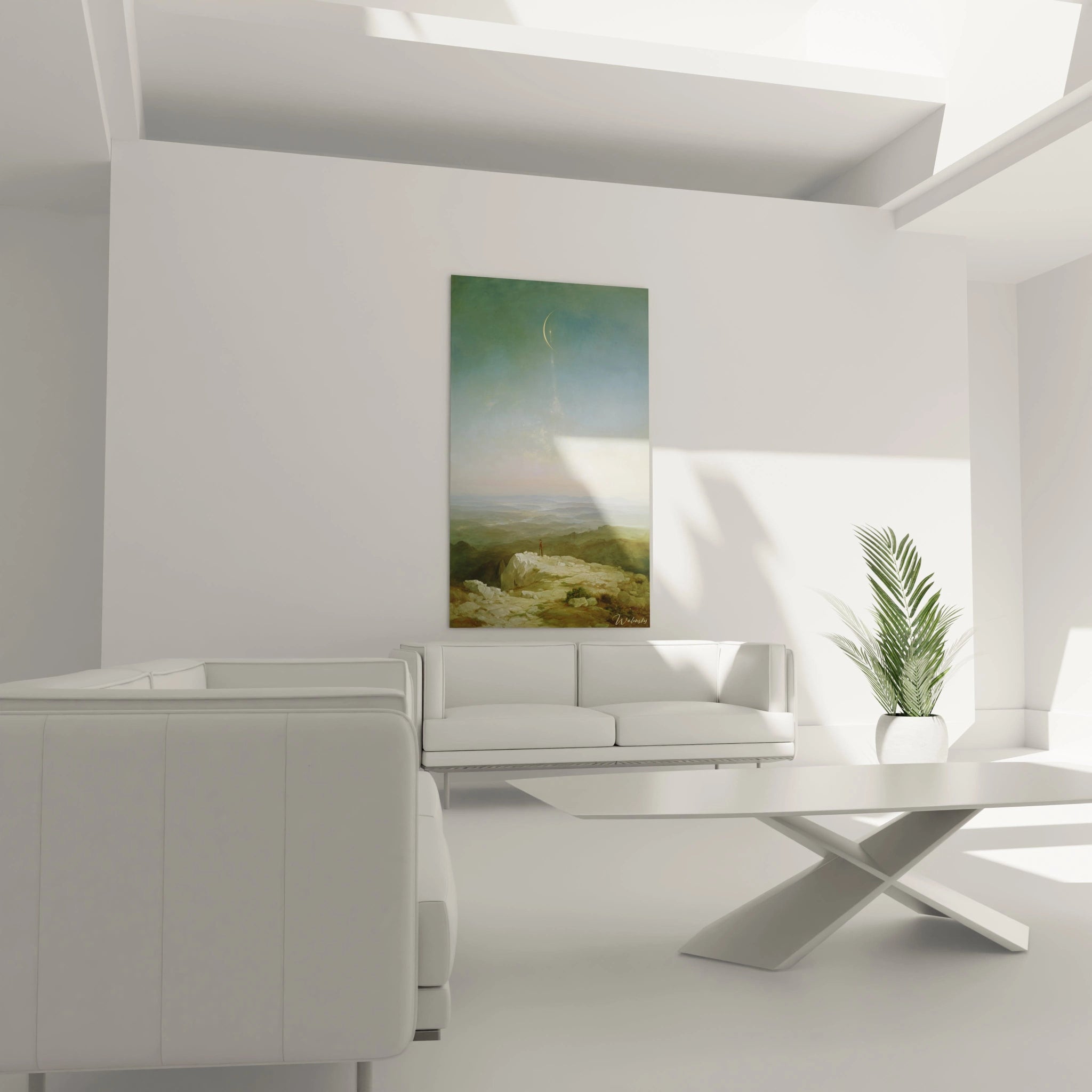 tableau paysage romantique Walensky accroché sur le mur du salon minimaliste blanc format vertical