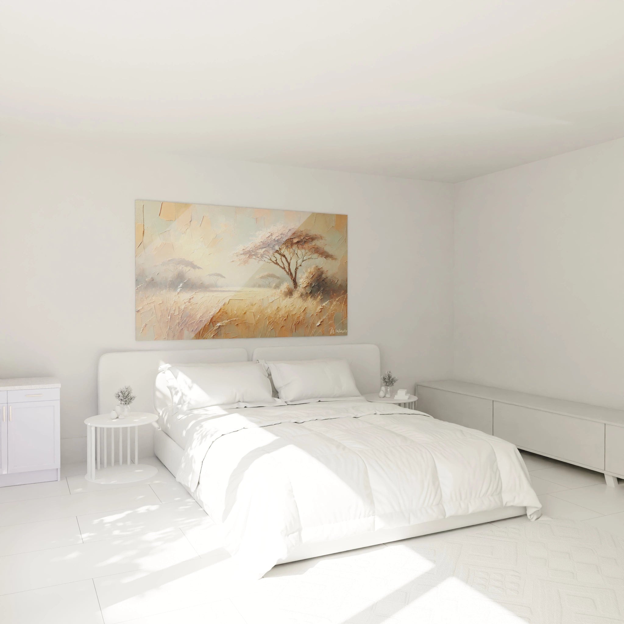 Accroche au dessus du lit dans une chambre ce tableau Savane apporte une atmosphère apaisante et un souffle de nature avec ses tons dorés et ses acacias qui flottent au-dessus des herbes sauvages