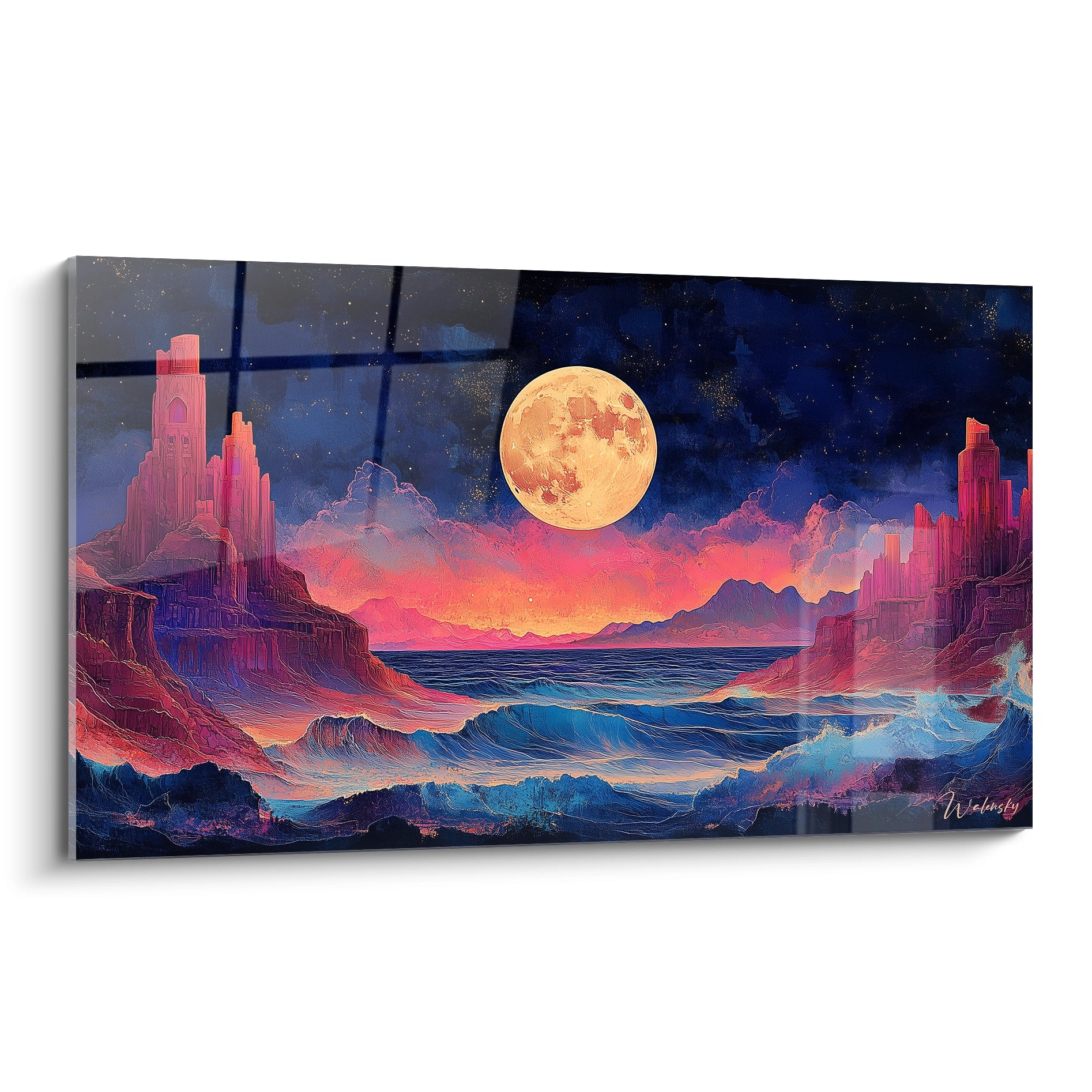 Un tableau artistique représentant un paysage marin fantastique avec une immense lune dorée surplombant un océan bleu profond bordé de falaises rougeoyantes, dans une ambiance nocturne aux couleurs contrastées.