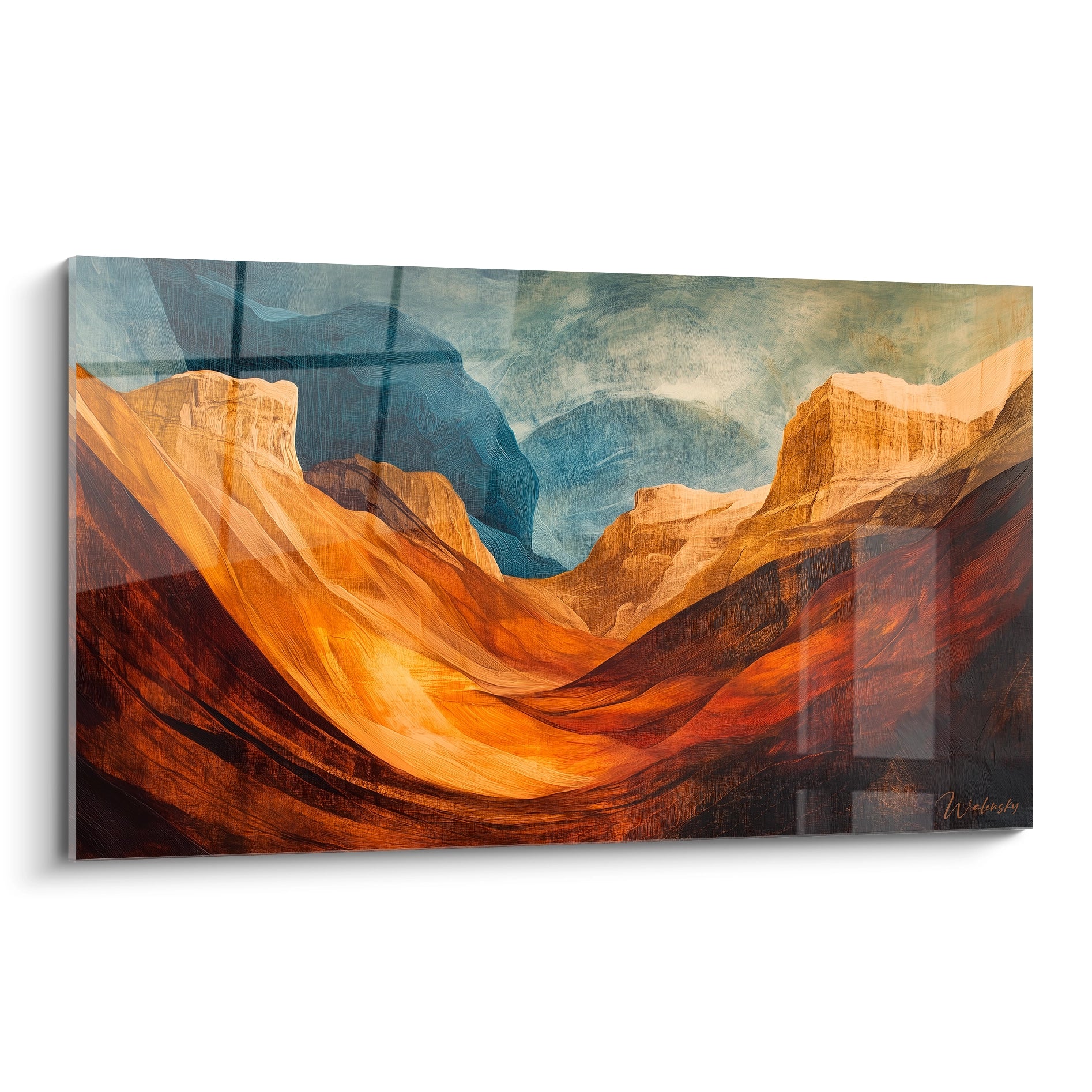 Un tableau canyon impressionnant représentant une vallée désertique aux falaises orangées et rougeâtres, avec un ciel bleu lumineux en arrière-plan, créant un contraste saisissant entre les textures rocheuses sculptées et l'atmosphère éthérée.