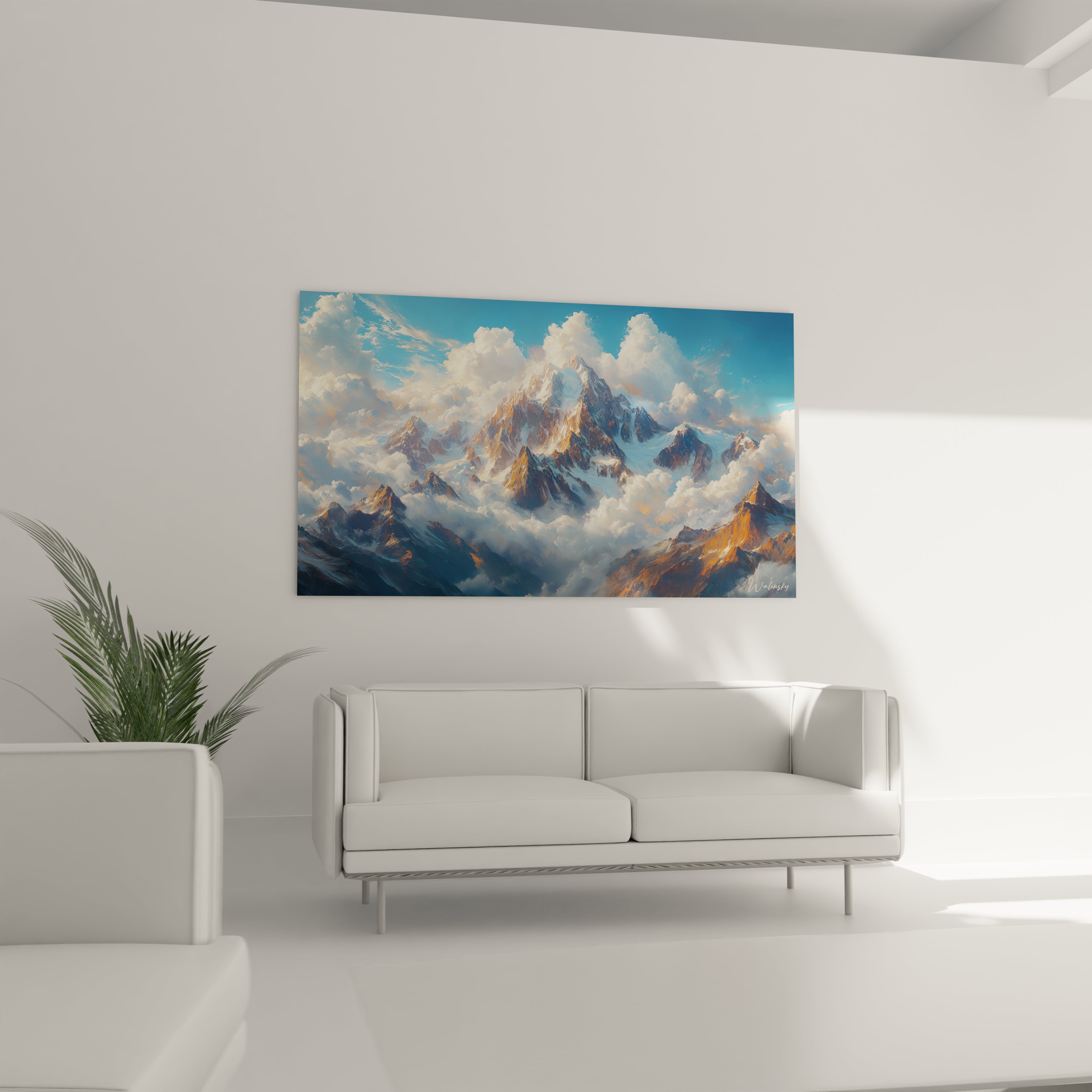 Un tableau montagne panoramique illustrant des sommets escarpés aux formations rocheuses détaillées, partiellement couverts de neige immaculée, entourés de nuages cotonneux et baignés dans une atmosphère bleue lumineuse aux transitions douces.