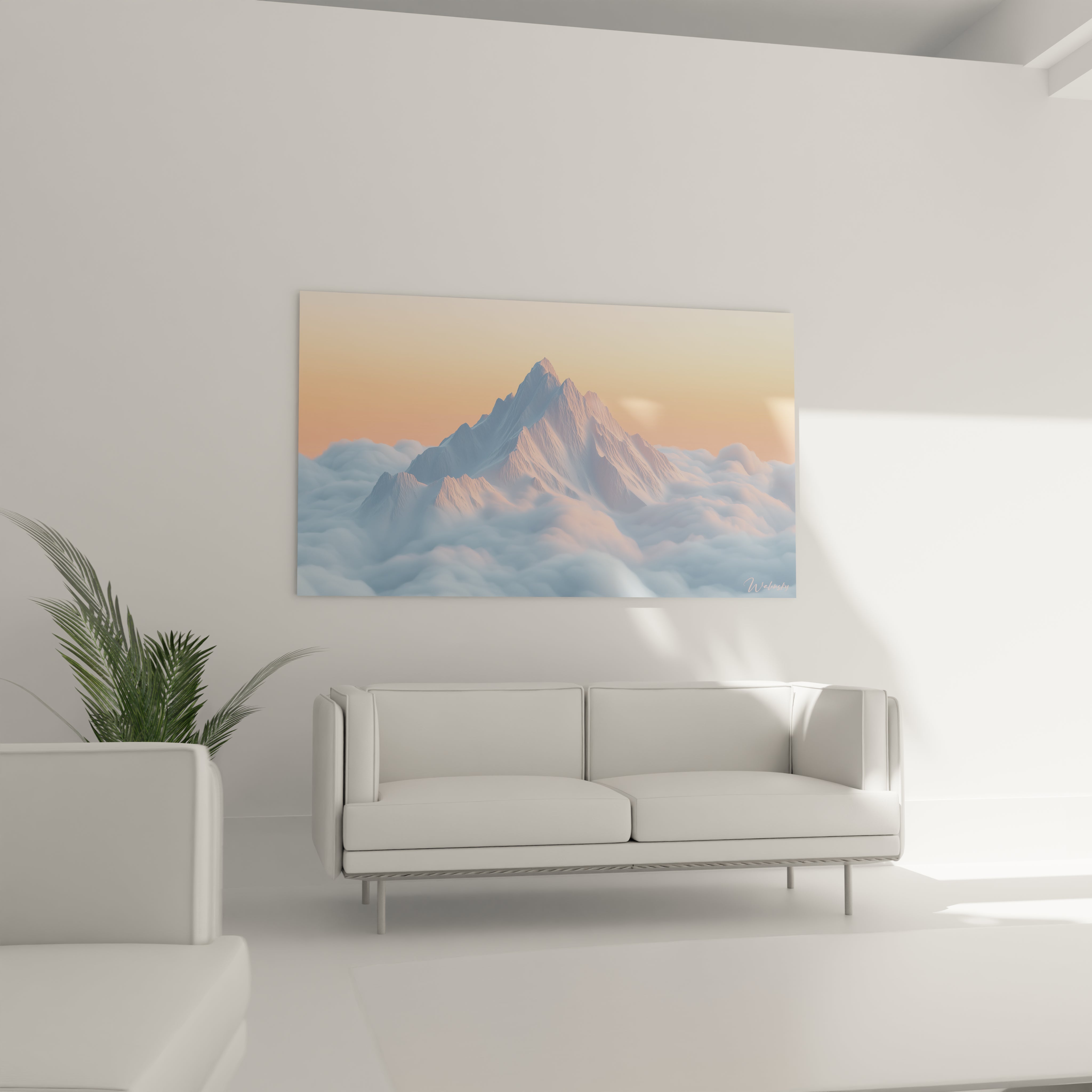 Composition artistique d'un tableau montagne où des sommets angulaires bleus se dressent au-dessus de nuages blancs mousseux, baignés dans une lumière crépusculaire rose et orange créant des effets de transparence.