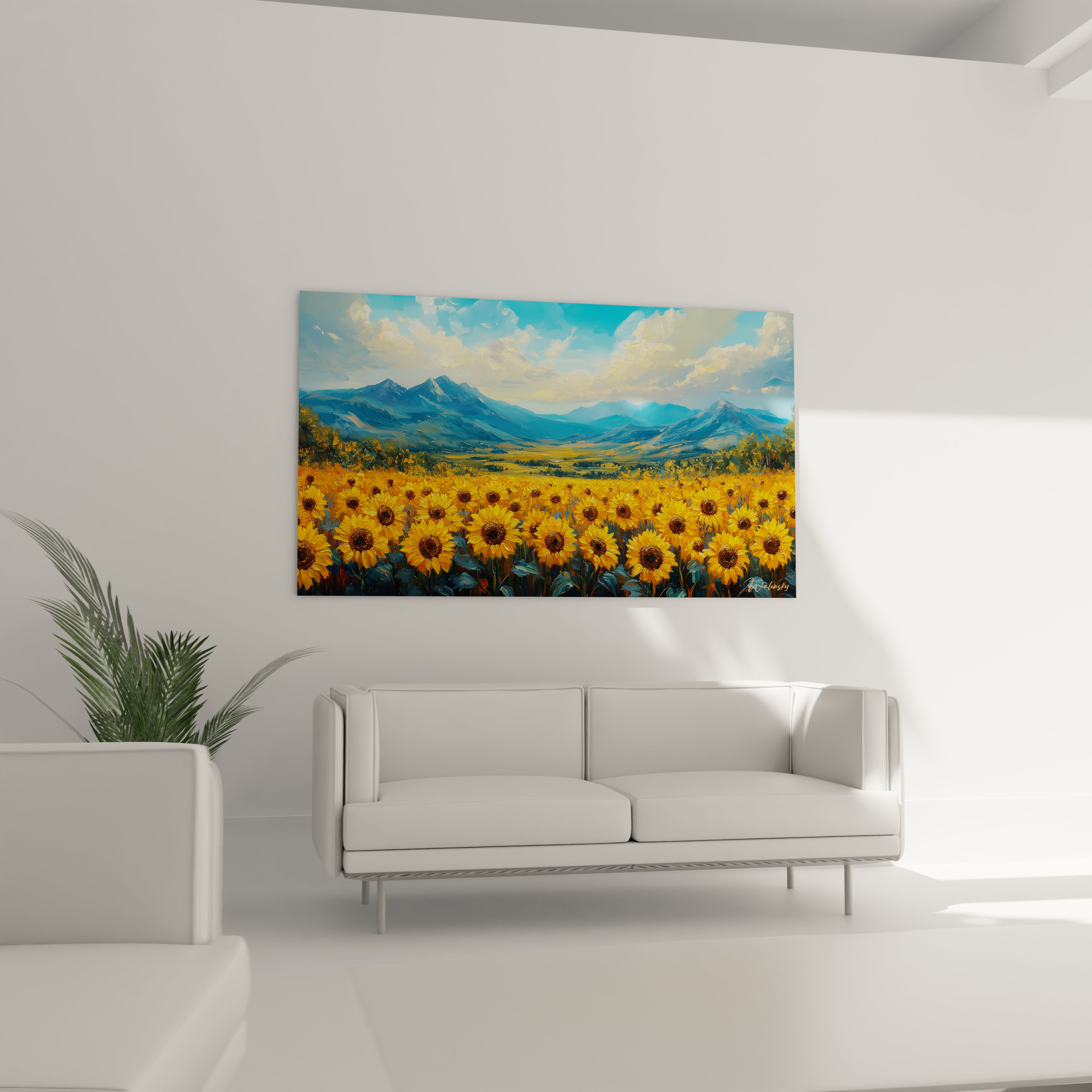 Tableau artistique montrant des tournesols aux pétales jaune vif et centres bruns face à des montagnes bleues avec des nuages blancs et dorés dans un style impressionniste texturé