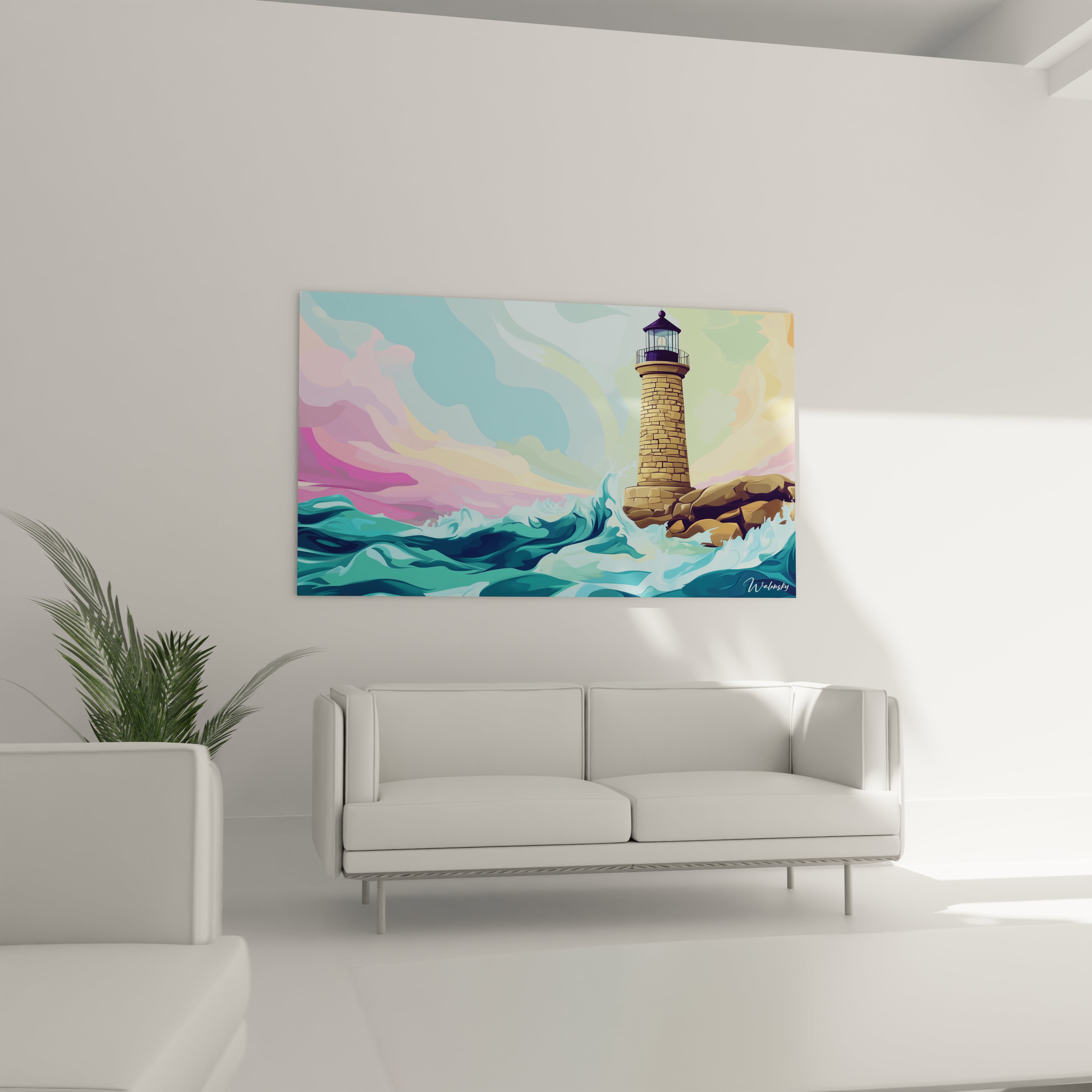 Un tableau phare océanique présentant une tour de pierre beige surplombant une mer turquoise agitée, avec des éclaboussures d'écume, des rochers bruns, et un ciel aux couleurs douces mêlant rose, violet et jaune pâle, dans une composition équilibrée entre verticalité et mouvement horizontal.