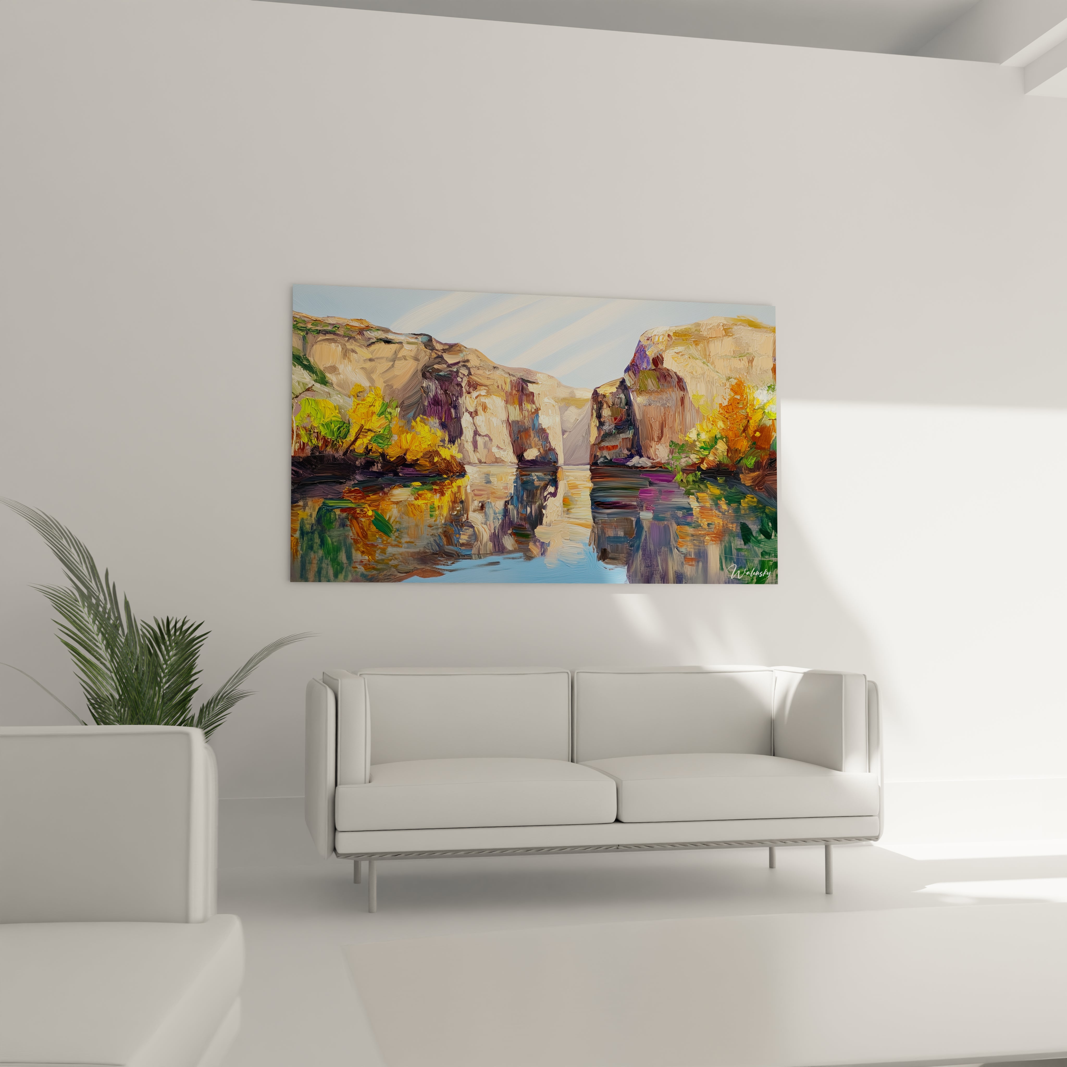 Tableau d'un canyon aux falaises imposantes reflétées dans une eau limpide, aux teintes dominantes de beige, bleu ciel et jaune-orange, réalisé avec une technique d'empâtement créant des textures rugueuses pour les roches et fluides pour l'eau.