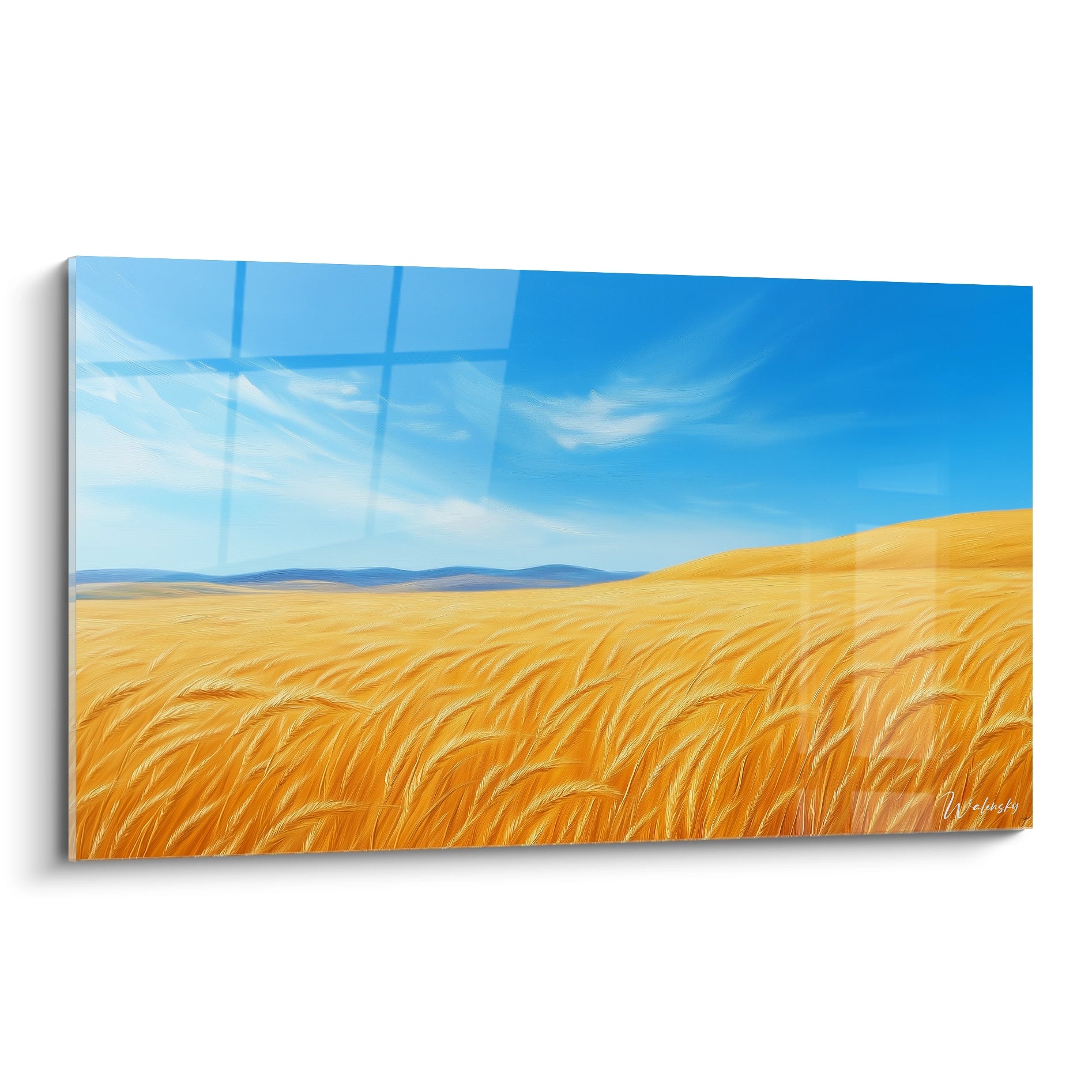 Un tableau blé représentant un vaste champ doré aux épis ondulants sous un ciel bleu éclatant, avec des textures en relief suggérant le mouvement de la brise et une ligne d'horizon lointaine où se dessinent de subtiles collines bleutées.