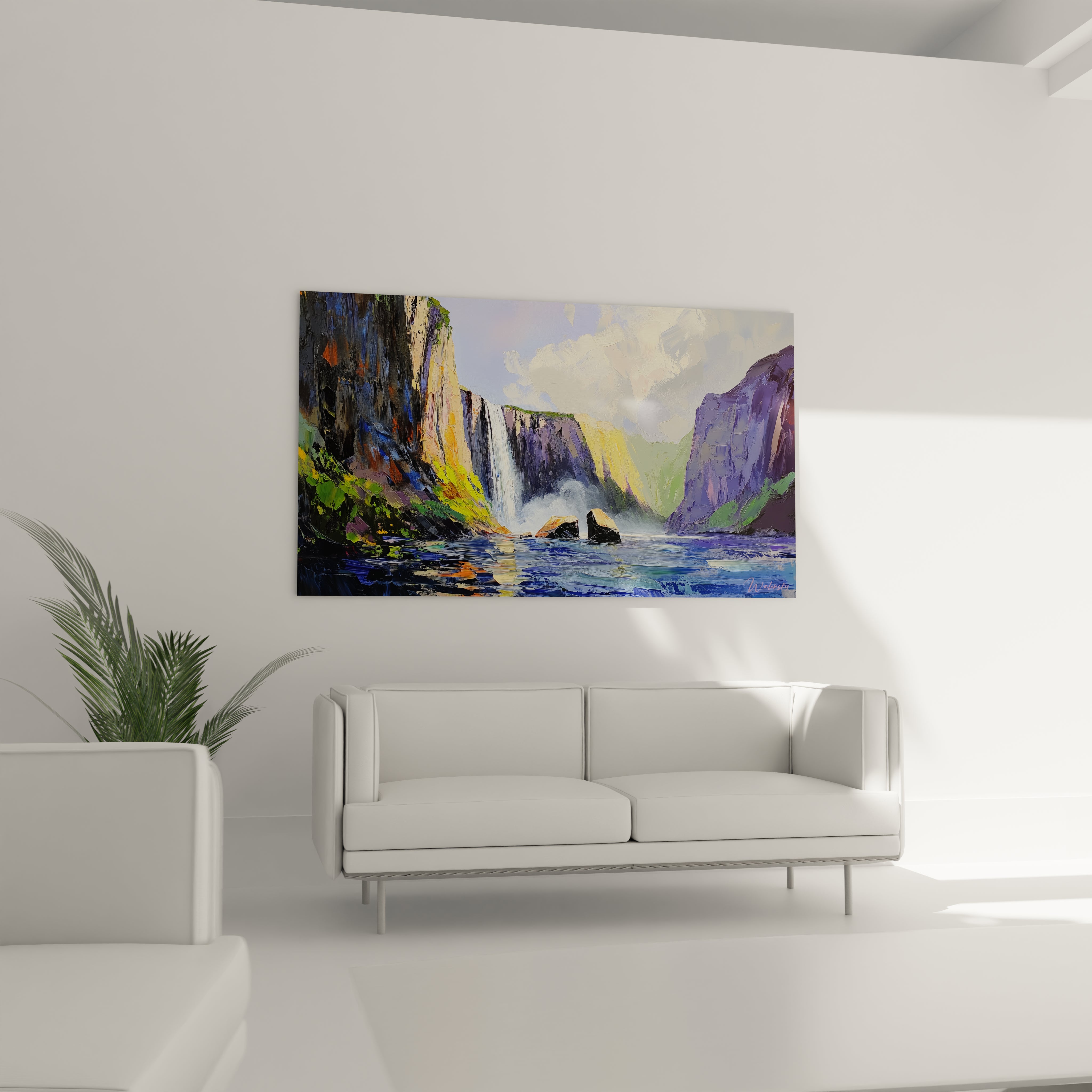 Un tableau de paysage sauvage capturant une puissante cascade blanche jaillissant entre des falaises colorées aux tons violets et orangés, se déversant dans un plan d'eau bleu aux reflets irisés, avec une texture picturale très prononcée.
