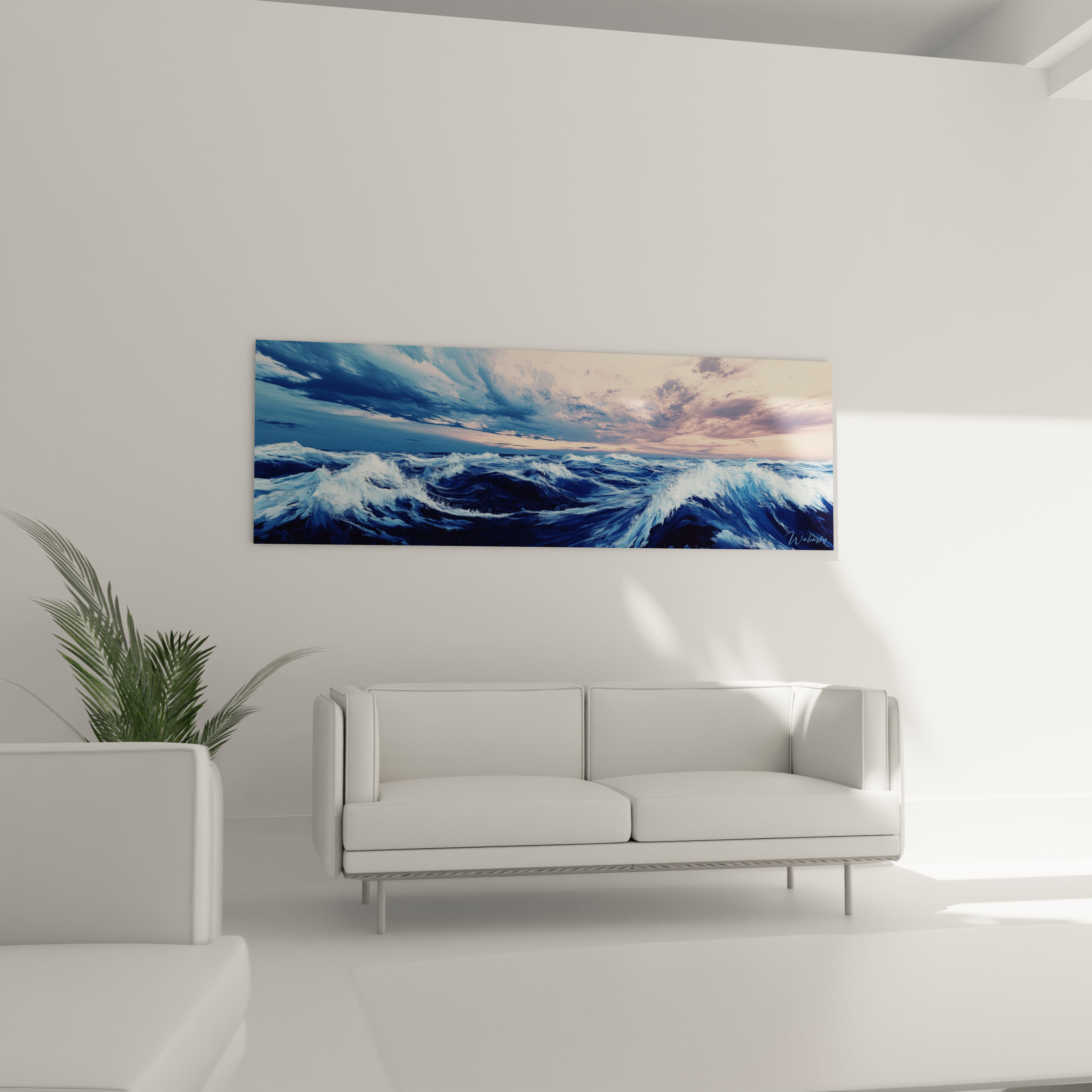Un tableau mer panoramique montrant une mer agitée aux multiples vagues bleu intense couronnées d'écume blanche, s'étendant à l'infini sous un vaste ciel nuageux teinté de rose et de bleu pâle, créant une atmosphère à la fois sauvage et majestueuse.