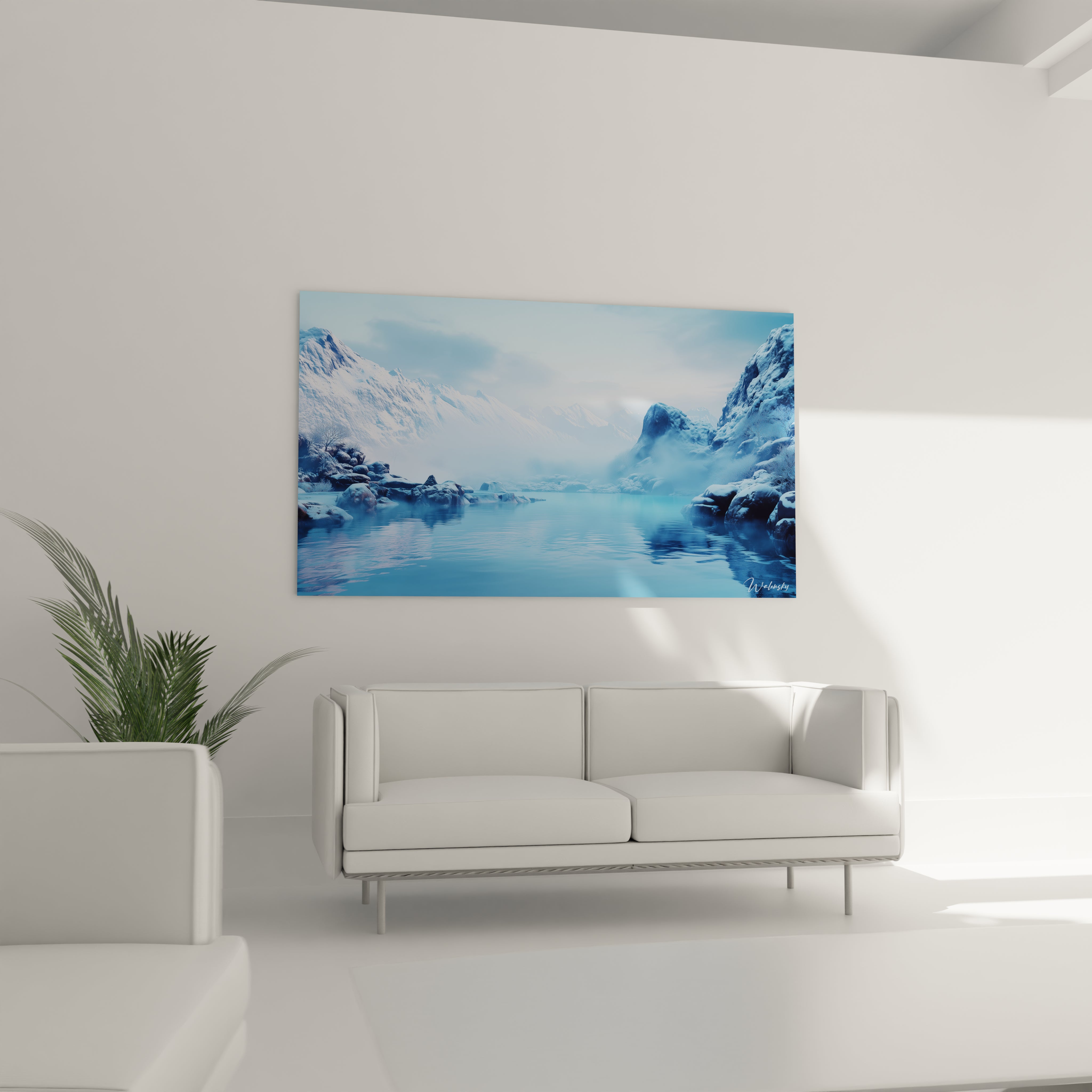Un tableau montagne illustrant une vallée glaciale au petit matin, où des sommets bleutés émergent de la brume, offrant un contraste saisissant entre les rochers enneigés du premier plan et l'eau calme aux reflets argentés.