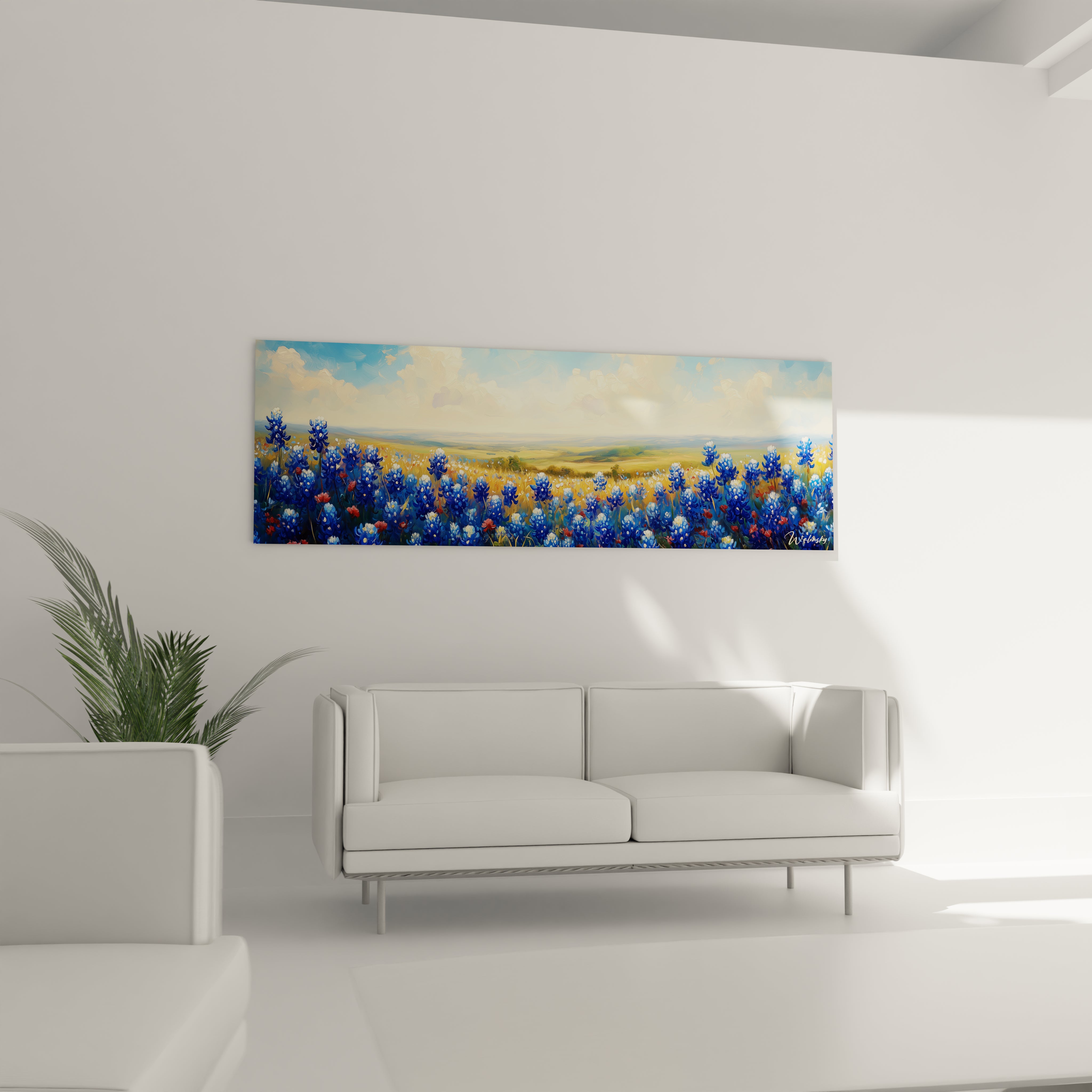 Un tableau campagne illustrant une prairie fleurie de lupins bleus et quelques coquelicots rouges se détachant contre de vastes champs dorés. La composition horizontale met en valeur l'immensité du paysage agricole baigné dans une lumière chaude, sous un ciel nuageux aux teintes pastel.