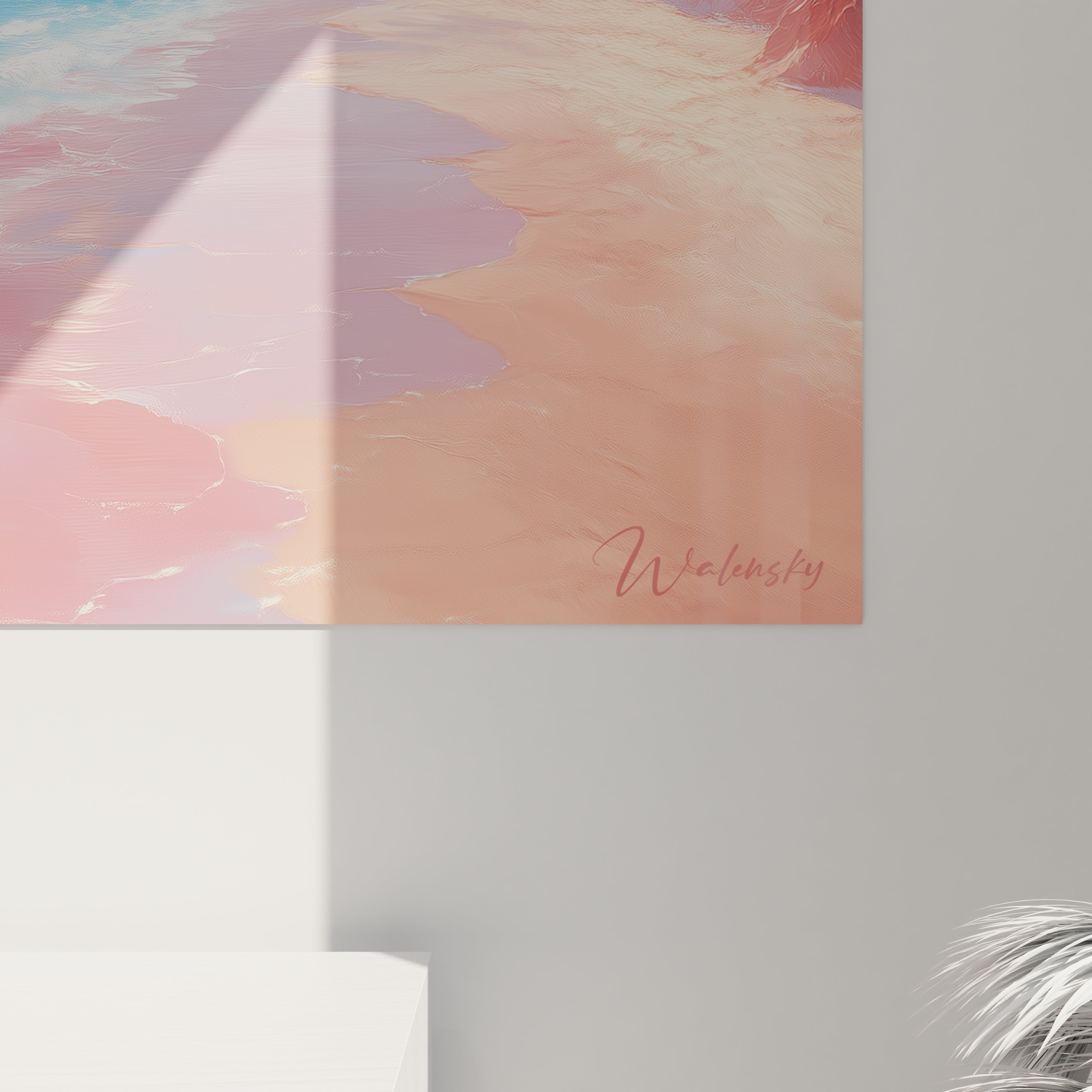 Un tableau plage capturant un rivage paradisiaque où se mêlent les teintes turquoise de l'océan, les nuances roses du sable et des nuages volumineux blanc rosé flottant dans un ciel bleu lumineux.