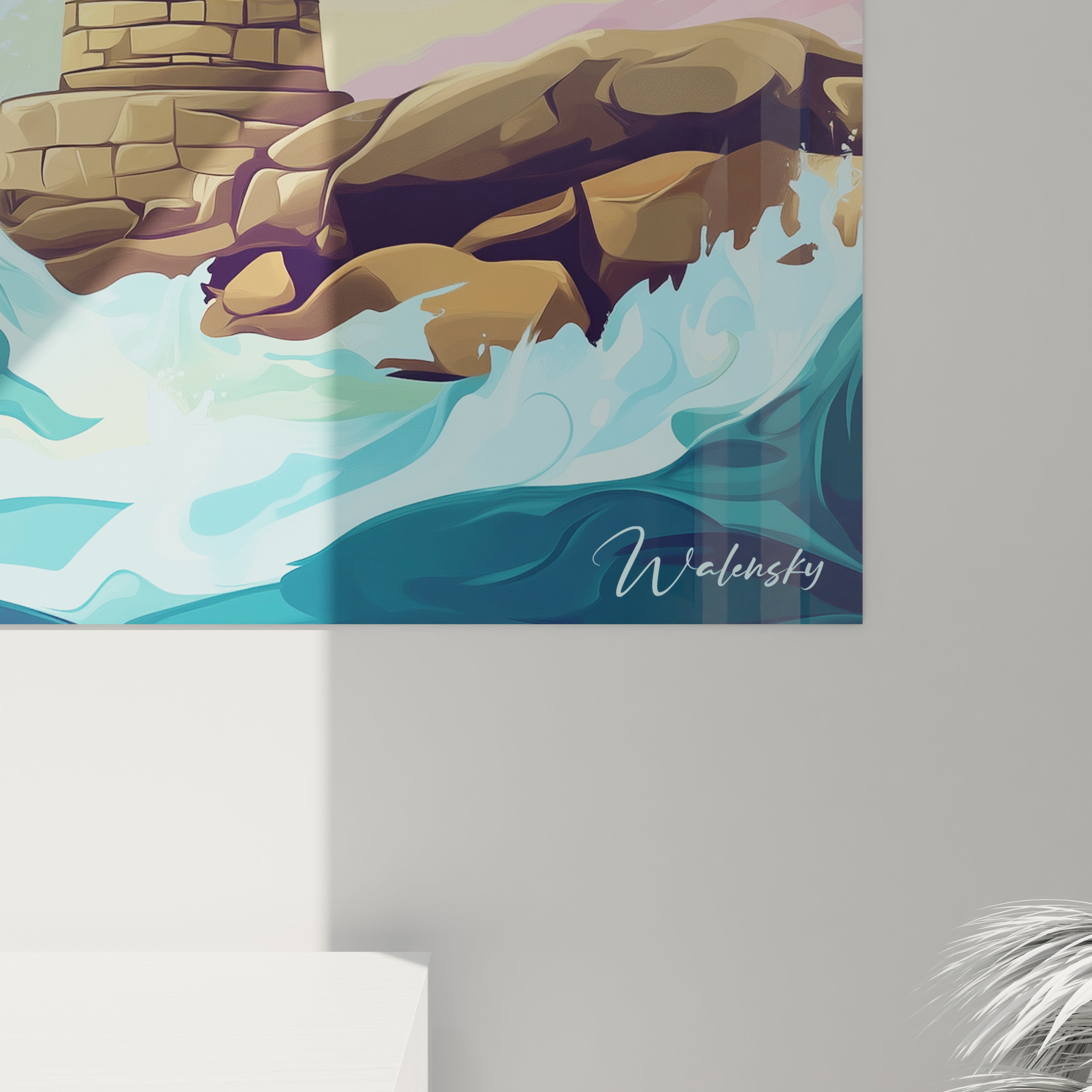 Un tableau phare maritime stylisé illustrant une sentinelle de pierre dorée avec lanterne noire au sommet, dressée sur des rochers, baignée par des vagues bleues aux formes dynamiques, sous un ciel pastel multicolore, créant un contraste entre la solidité de la structure et la fluidité des éléments naturels.
