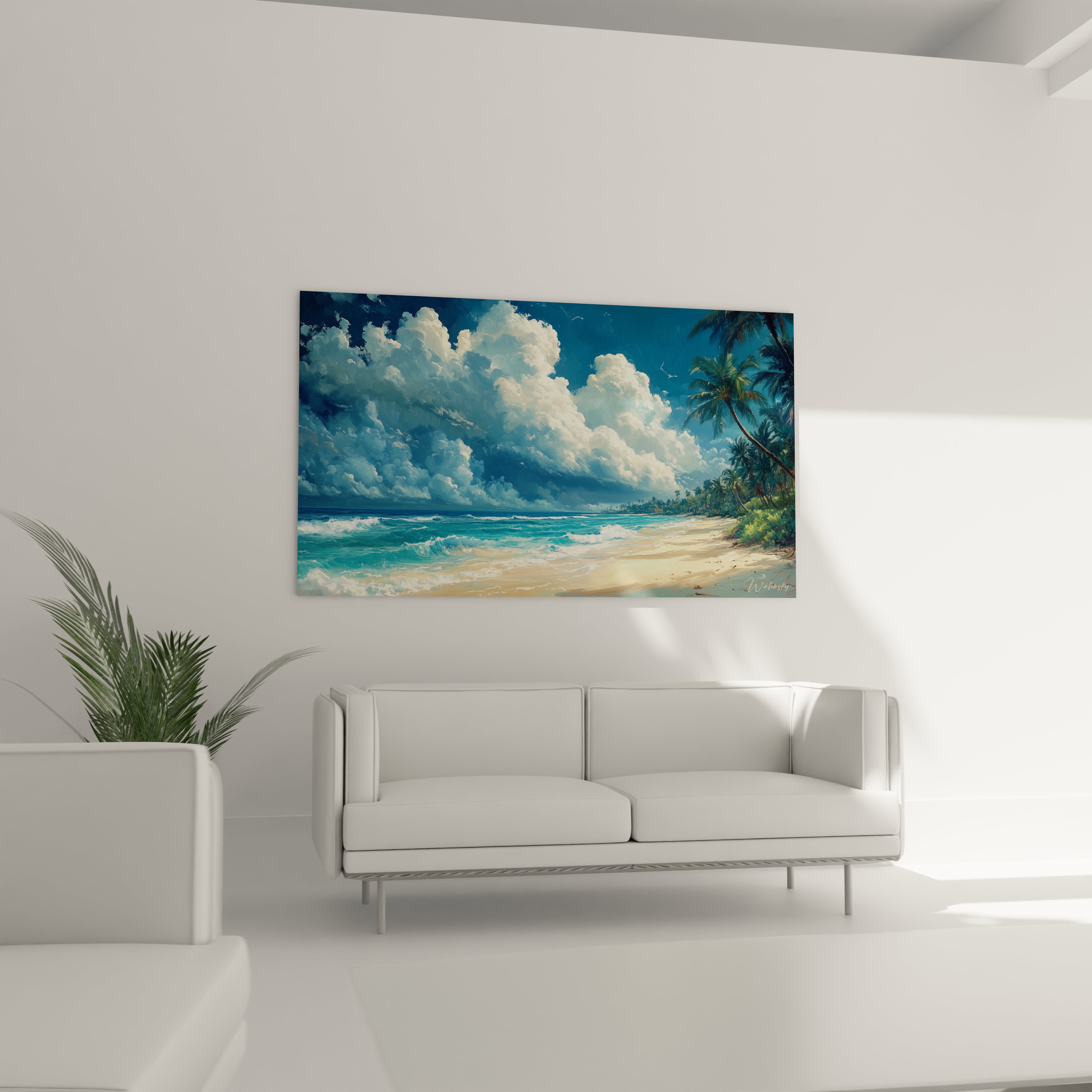 Composition artistique d'un tableau plage avec ciel nuageux occupant deux tiers de l'espace, mer agitée aux tons bleus profonds, plage de sable beige clair, et palmiers courbés suggérant une brise marine.