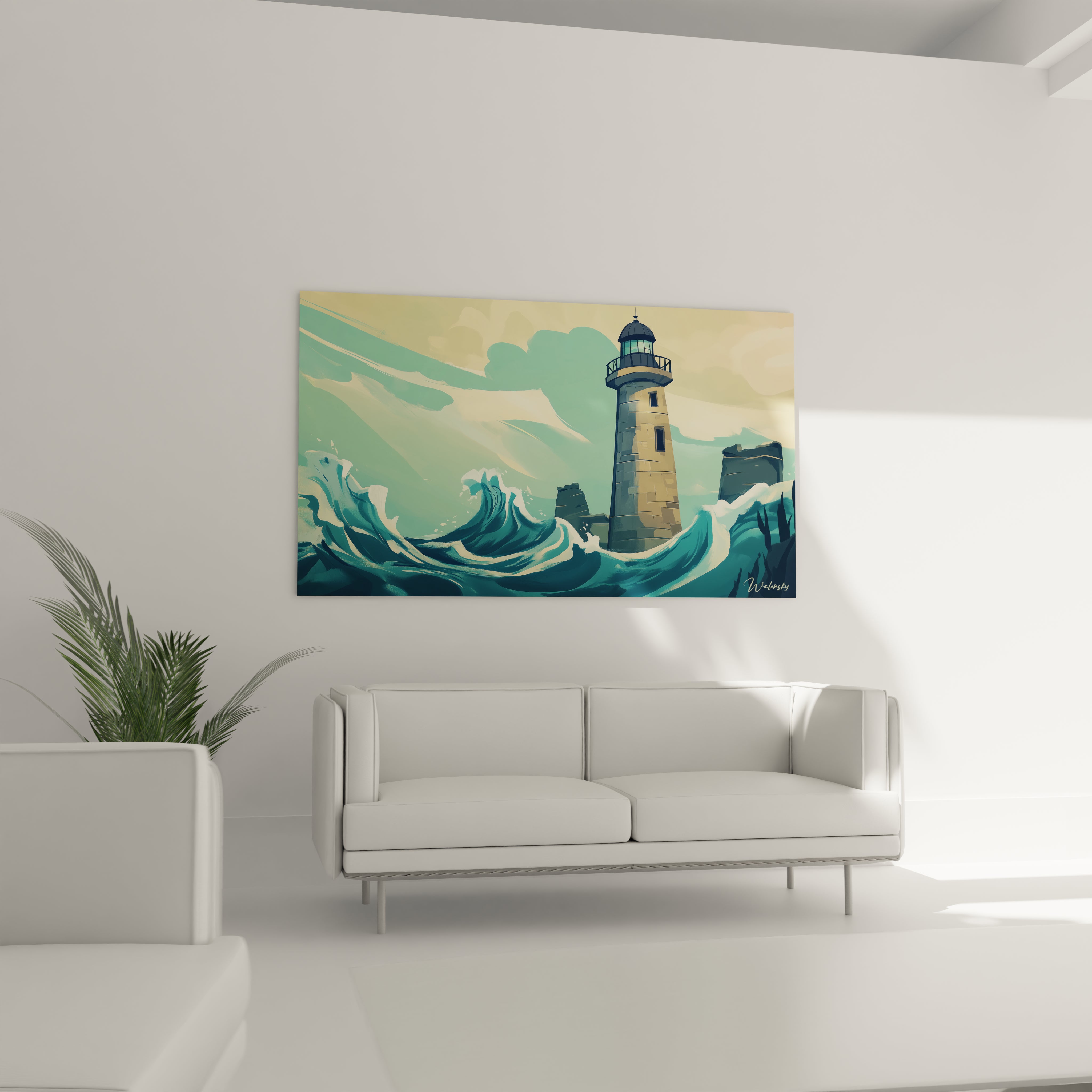 Un tableau côtier stylisé figurant un phare solitaire résistant à de puissantes vagues turquoise, aux lignes épurées et aux contrastes marqués entre les bleus profonds de l'eau et les tons beiges de la structure.