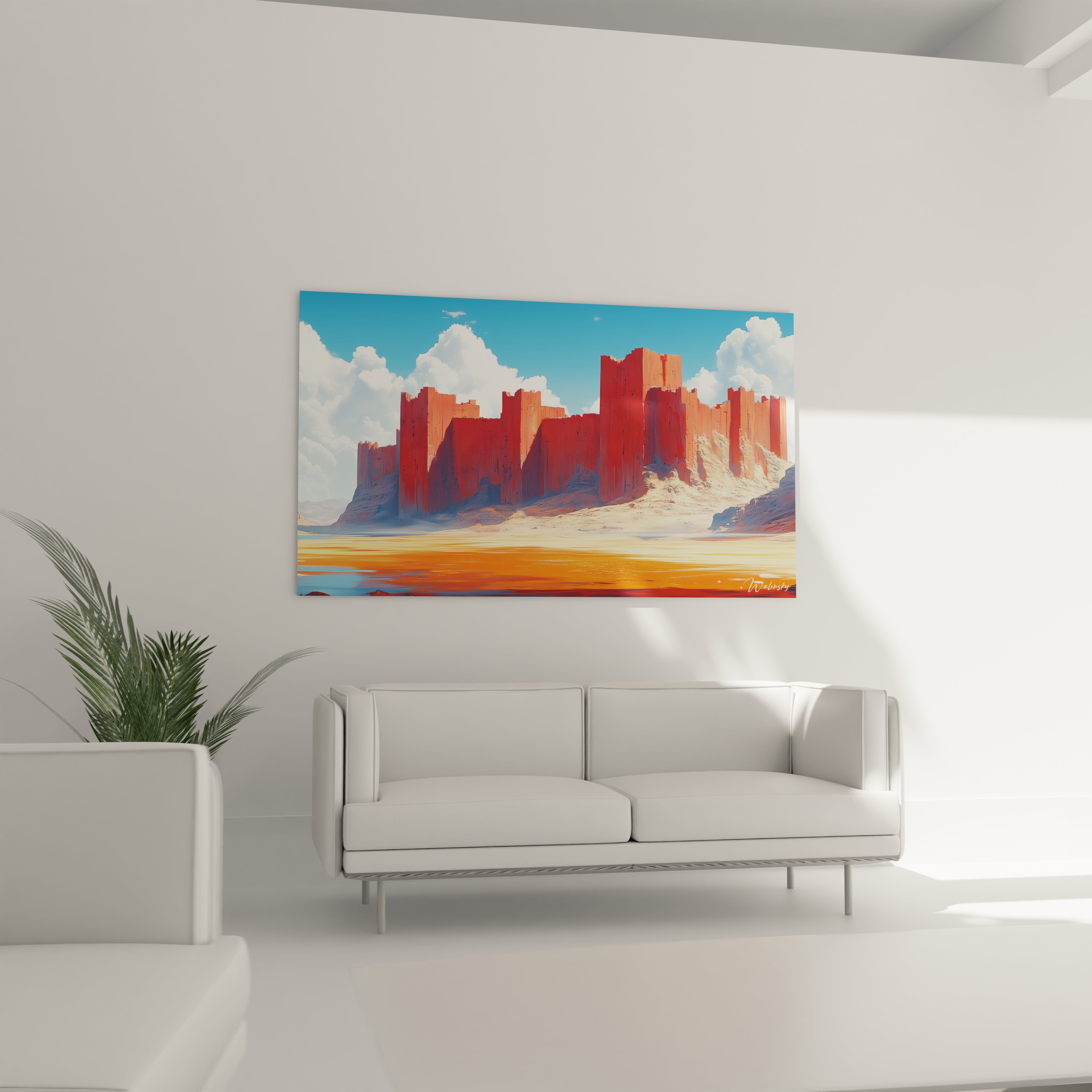 Un tableau désert où des falaises monumentales aux couleurs cuivrées et écarlates dominent une étendue sableuse dorée, avec un jeu de lumière intense sur les surfaces rocheuses texturées.