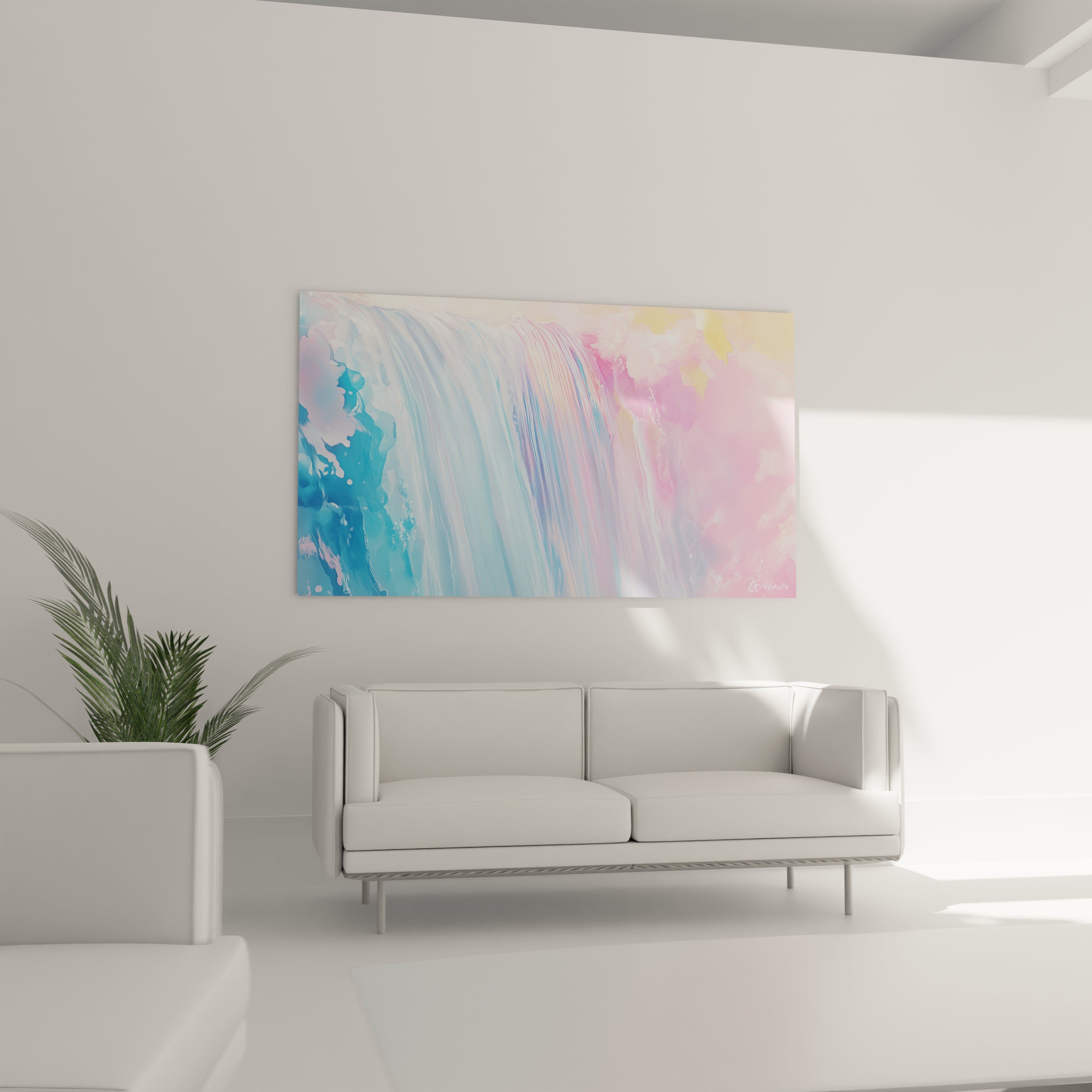 Un tableau cascade multicolore présentant une composition verticale fluide, où des teintes bleu azur se transforment graduellement en roses délicats, avec des lignes blanches nacrées évoquant l'écume d'une chute d'eau.