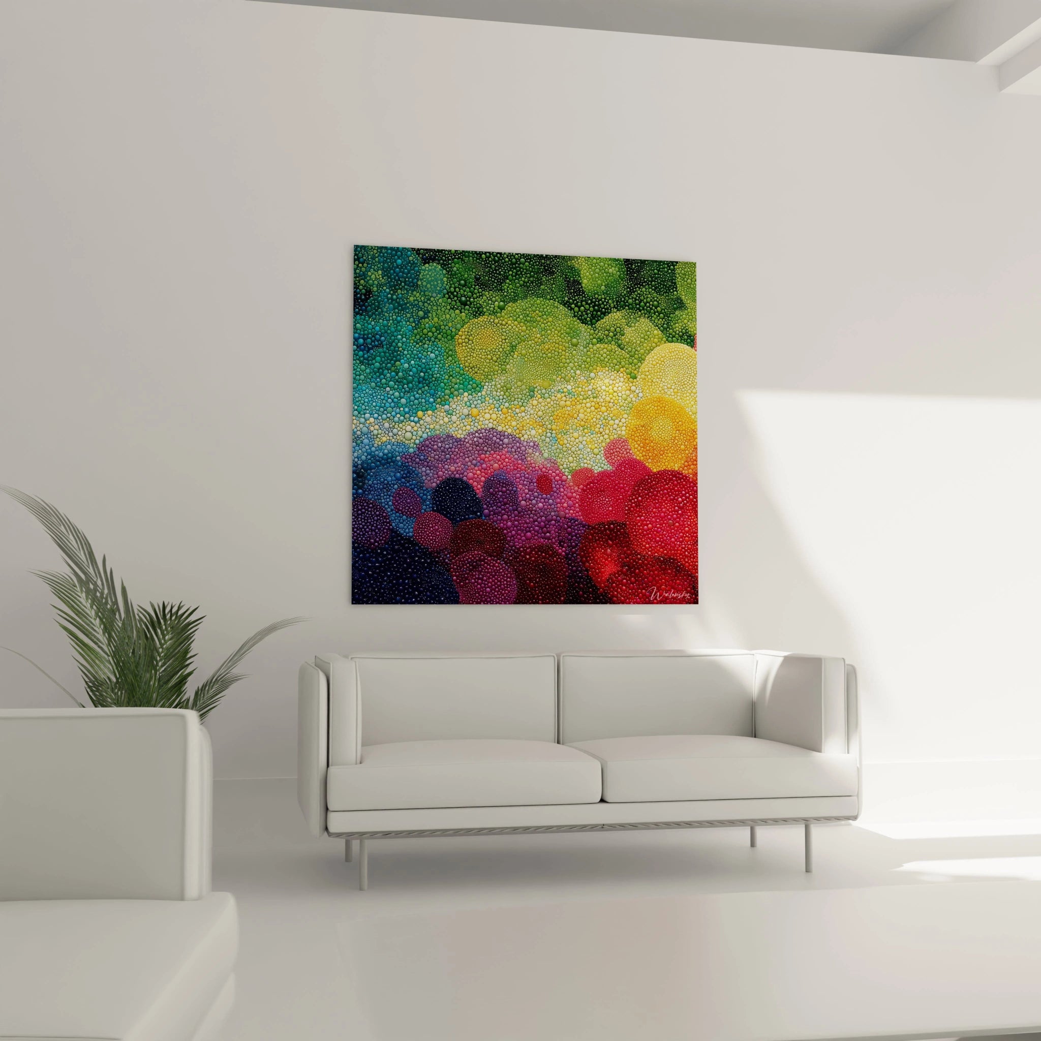 tableau décoratif paysage dégradé Walensky accroché au dessus d'un canapé blanc motifs circulaires multicolores