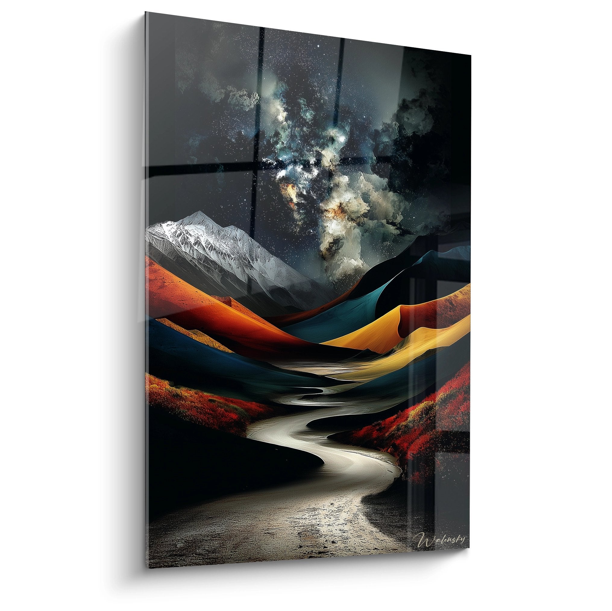 Tableau mural paysage désert cosmique avec vallée sinueuse sous ciel étoilé et montagnes