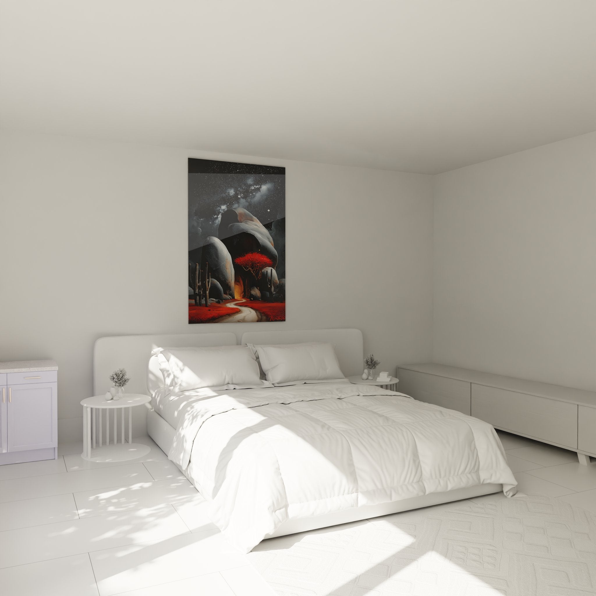 Tableau paysage désertique rouge dans chambre moderne avec décoration murale élégante
