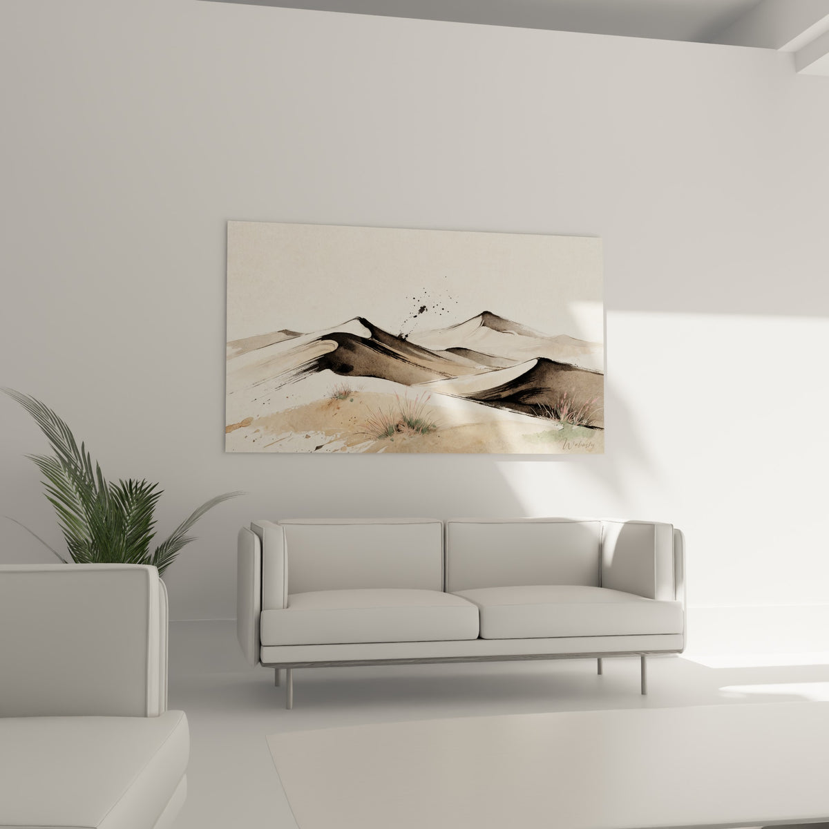 Vallées de sable ocre et taches d'encre noire de ce paysage désertique, au-dessus d'un canapé dans un salon lumineux