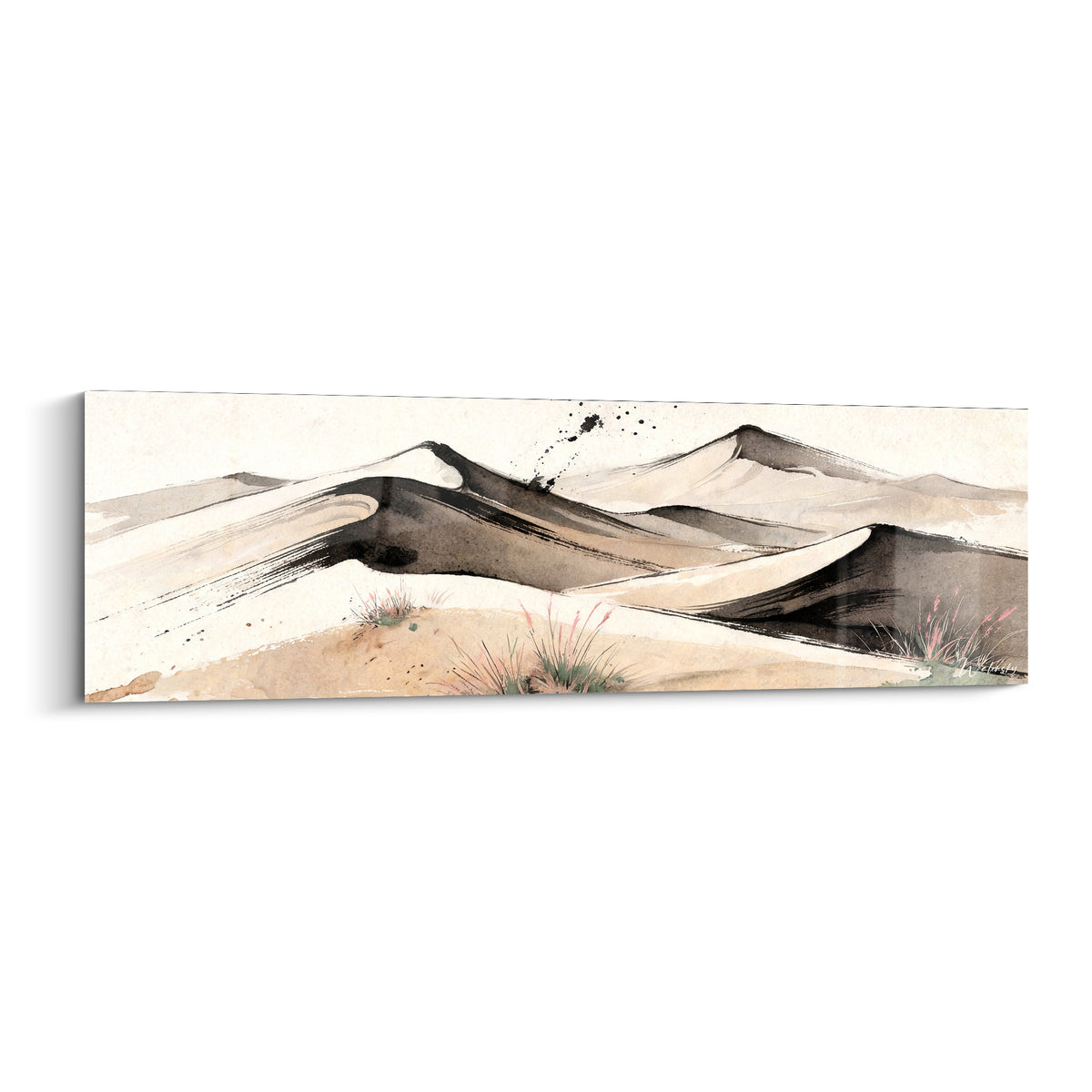 Dunes désertiques beige et noir tracées à l'encre, herbes roses au premier plan