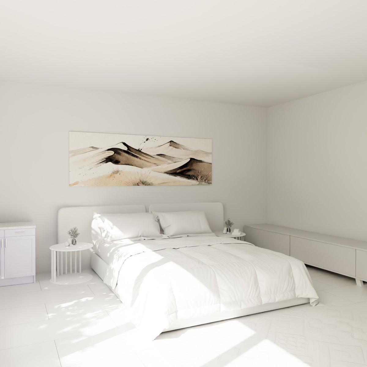 Paysage de dunes ocre et anthracite accroché au-dessus d'un lit dans une chambre claire