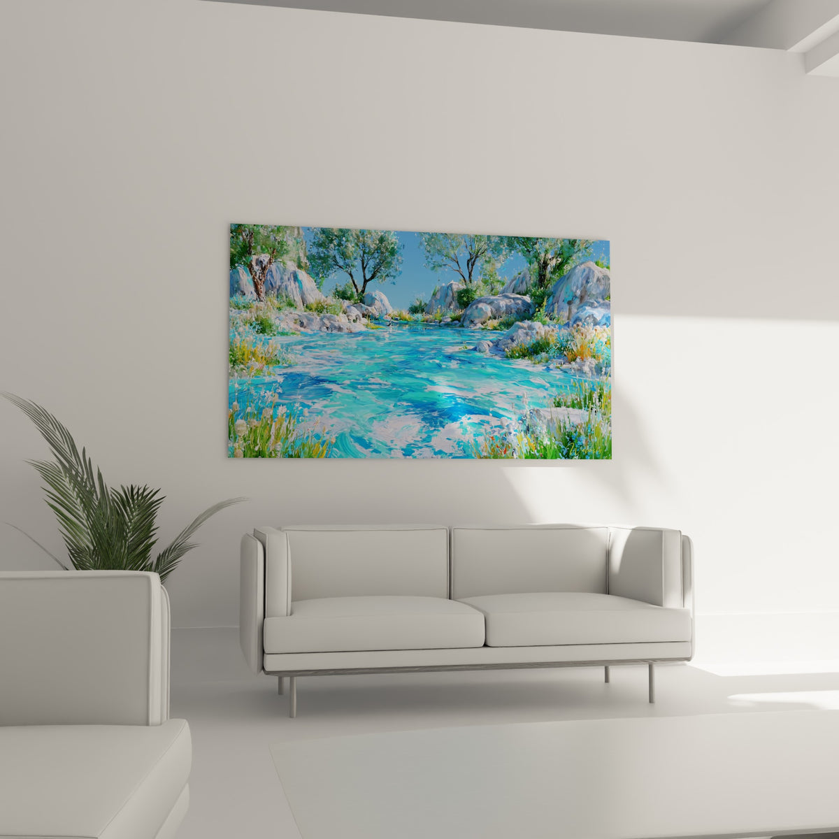 Eau bleu turquoise tourbillonnante et berges verdoyantes, tableau accroché au-dessus d'un canapé dans un salon lumineux