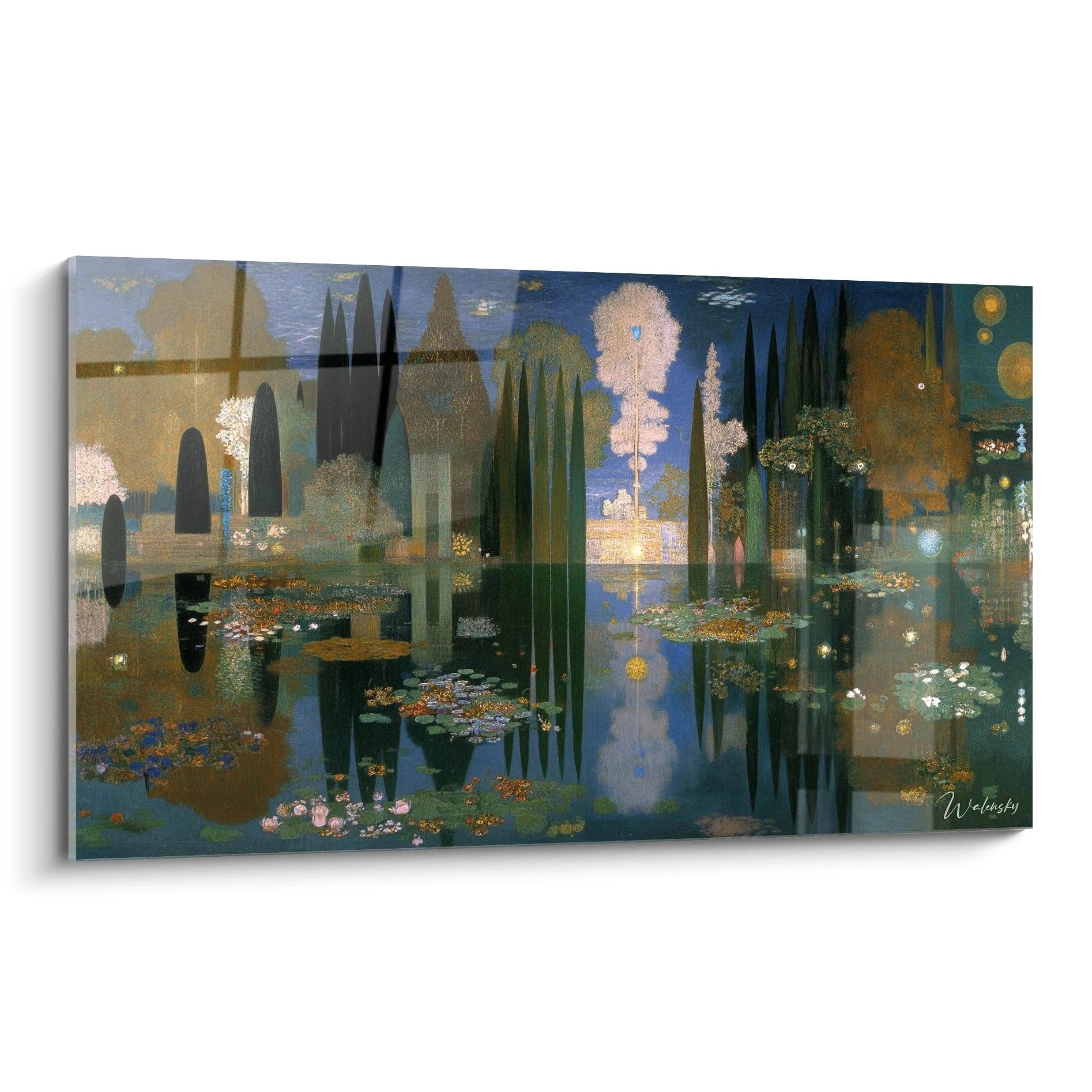 Tableau mural Walensky montrant un tableau paysage eaux symboliste avec nénuphars cyprès et reflet lumineux