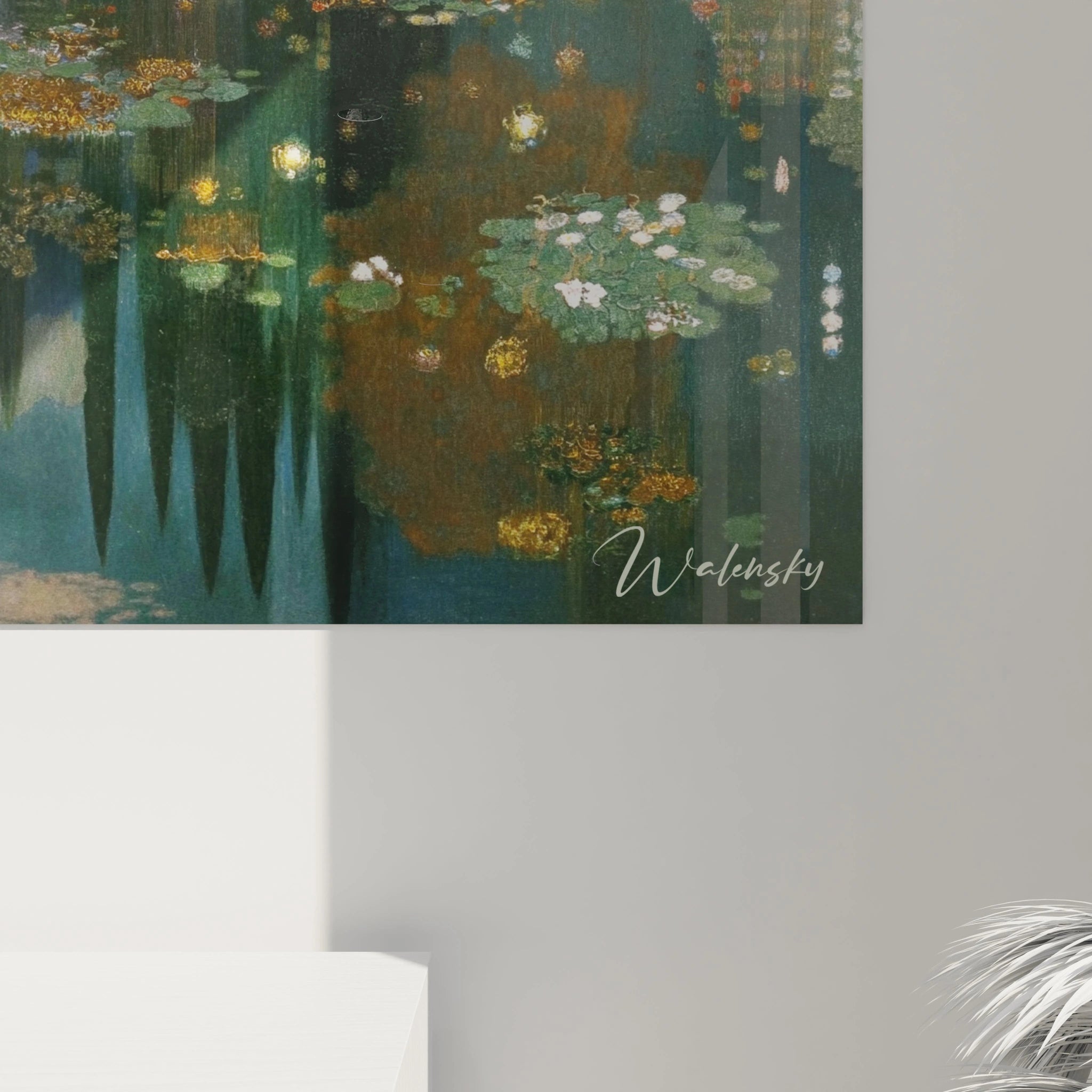 Tableau mural Walensky peinture de nymphéas vert et bleu avec reflets dorés, tableau paysage eaux symboliste