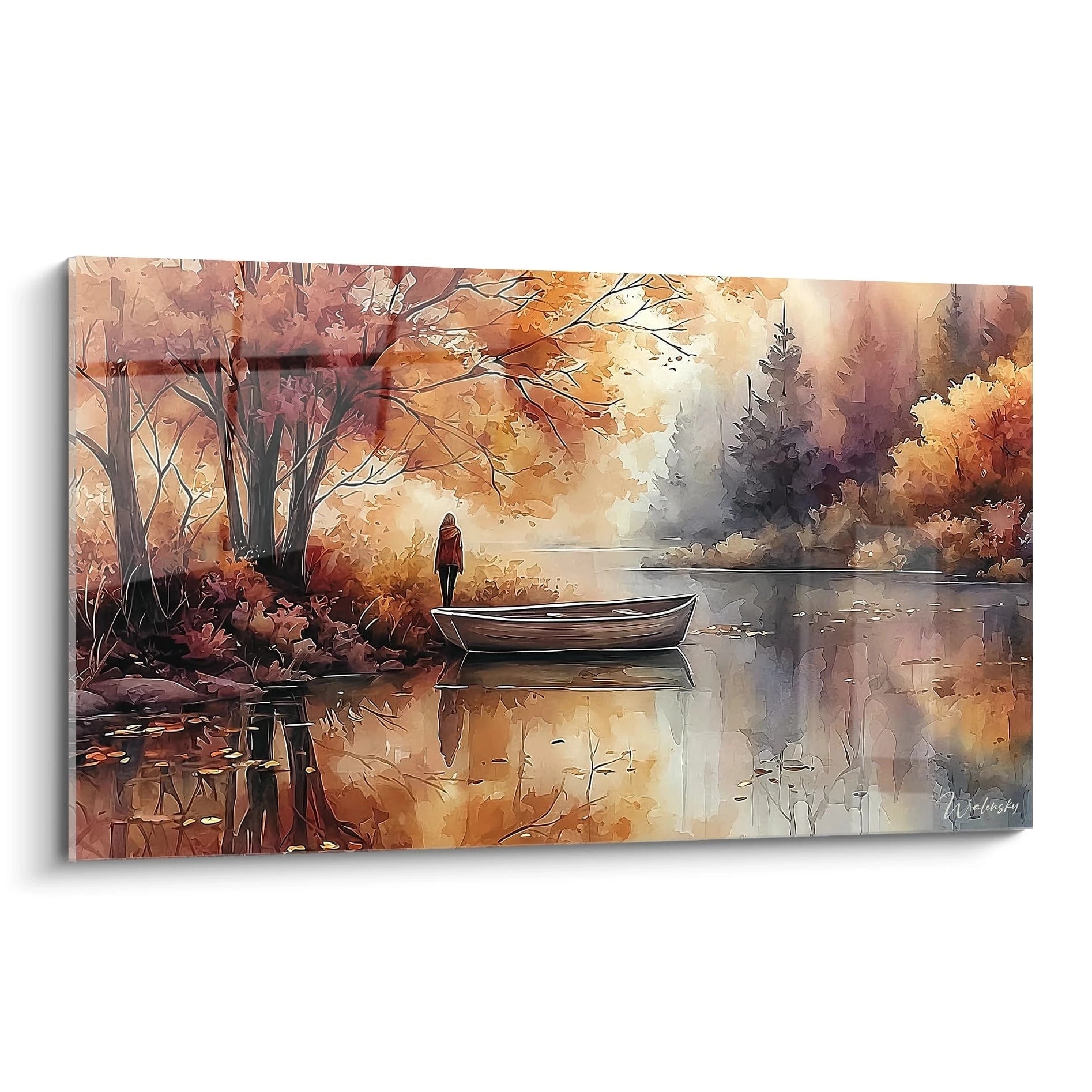 tableau paysage automne Walensky montrant un lac paisible aux couleurs chaudes, barque et promeneur