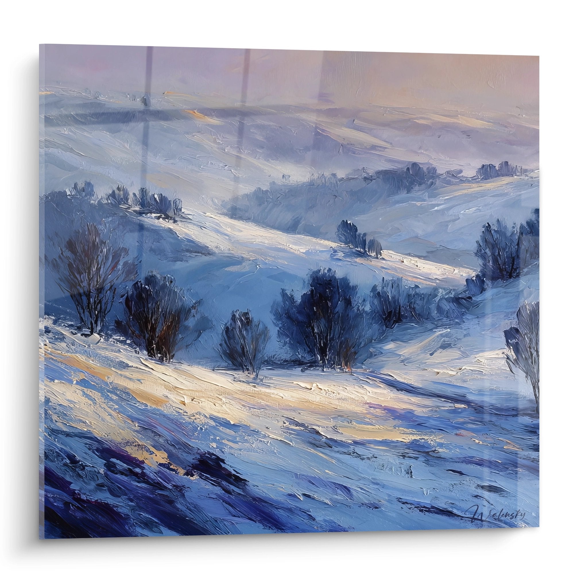 Tableau paysage enneigé vallée hiver tons bleus arbres neige collines art mural