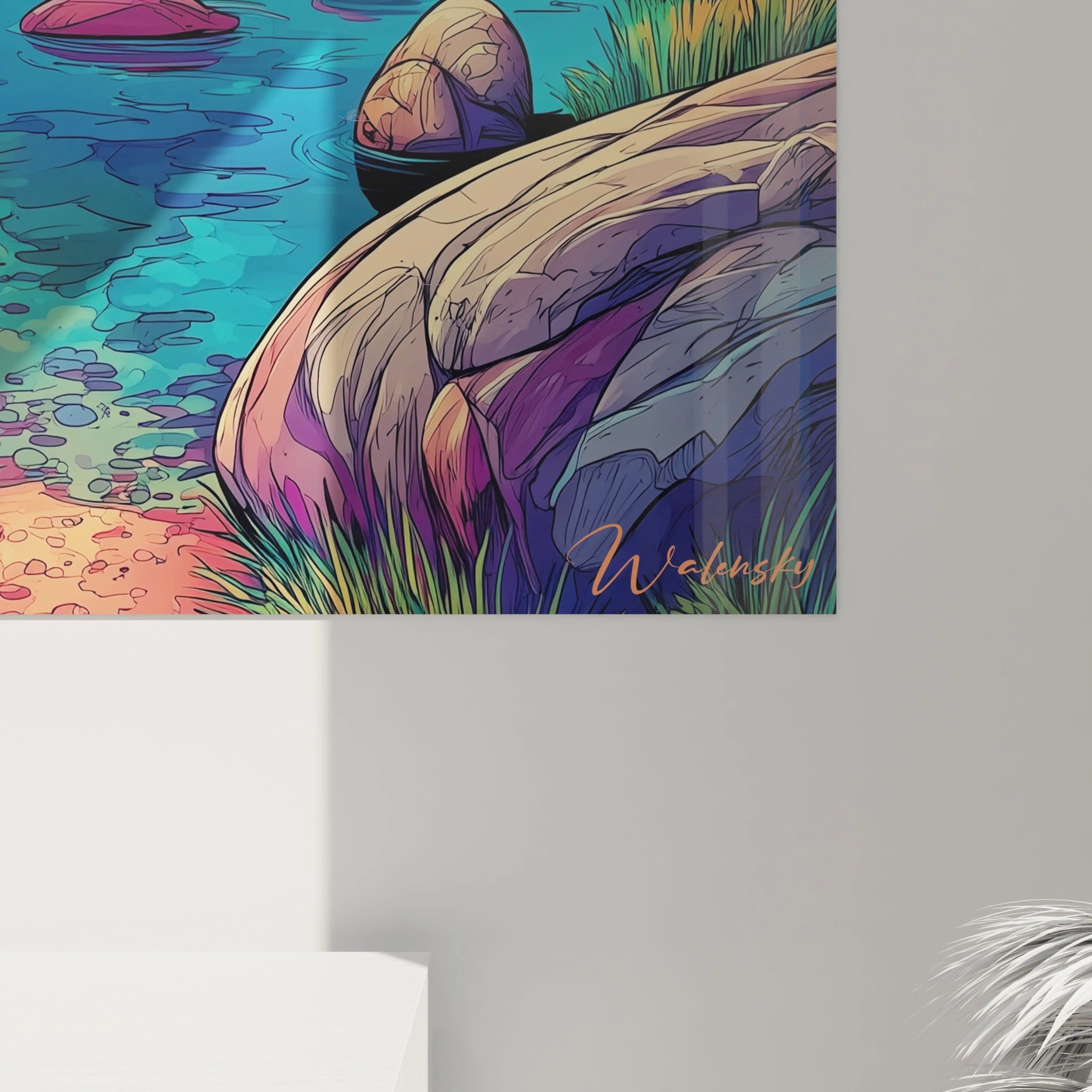 Vue ensemble tableau mural grand format paysage fantastique rivière enchantée couleurs vives style BD décoratif