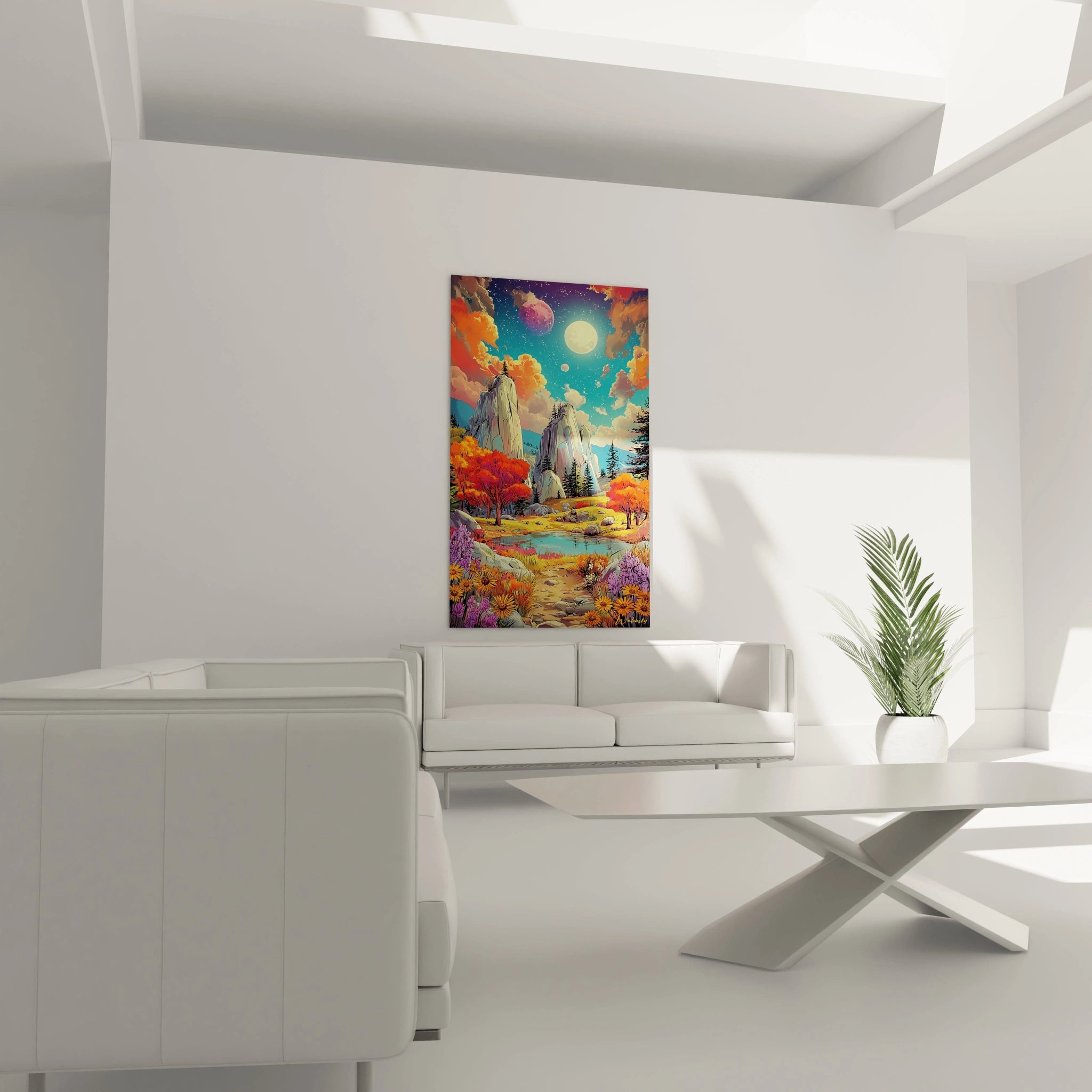 Détail tableau bande dessinée paysage fantastique végétation orangée et montagnes stylisées