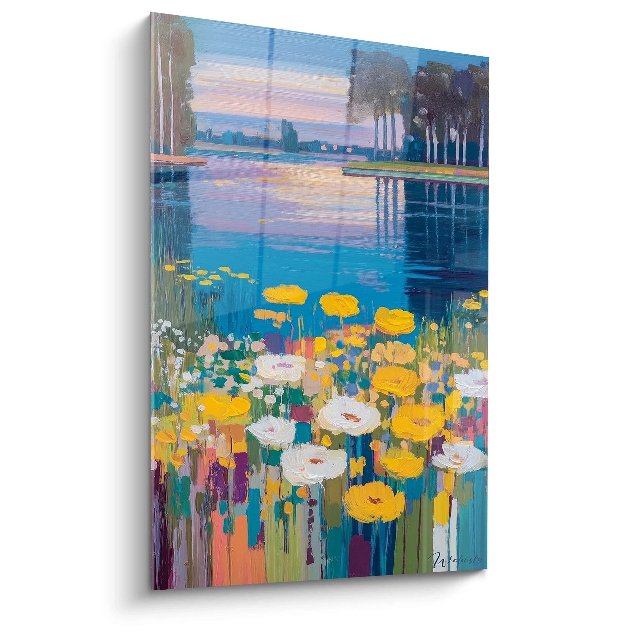 Tableau mural Walensky tableau paysage floral impressionnisme fleurs jaunes et blanches au bord d un lac avec reflets