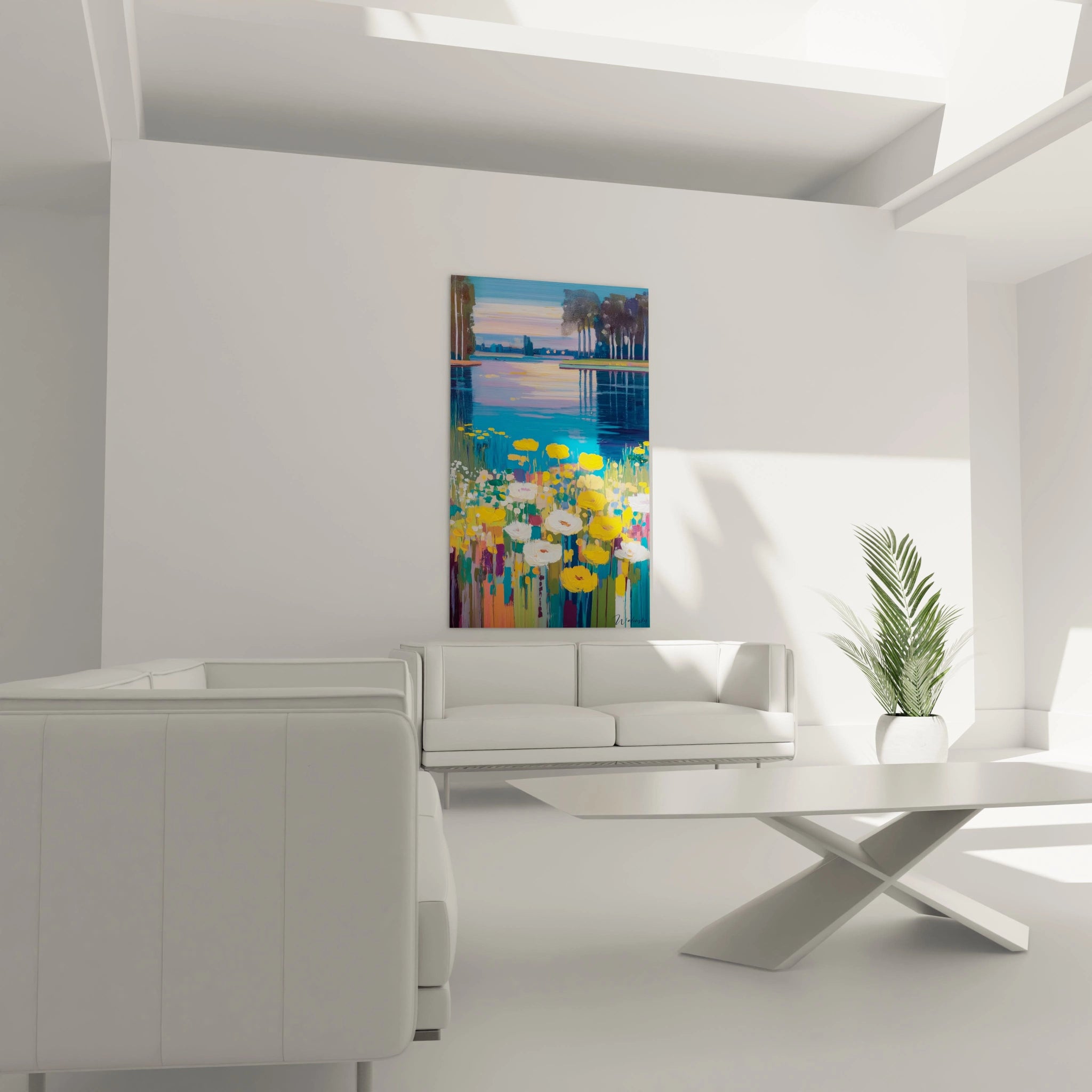 tableau paysage floral impressionnisme Walensky accroché dans salon blanc moderne fleurs colorées au bord du lac