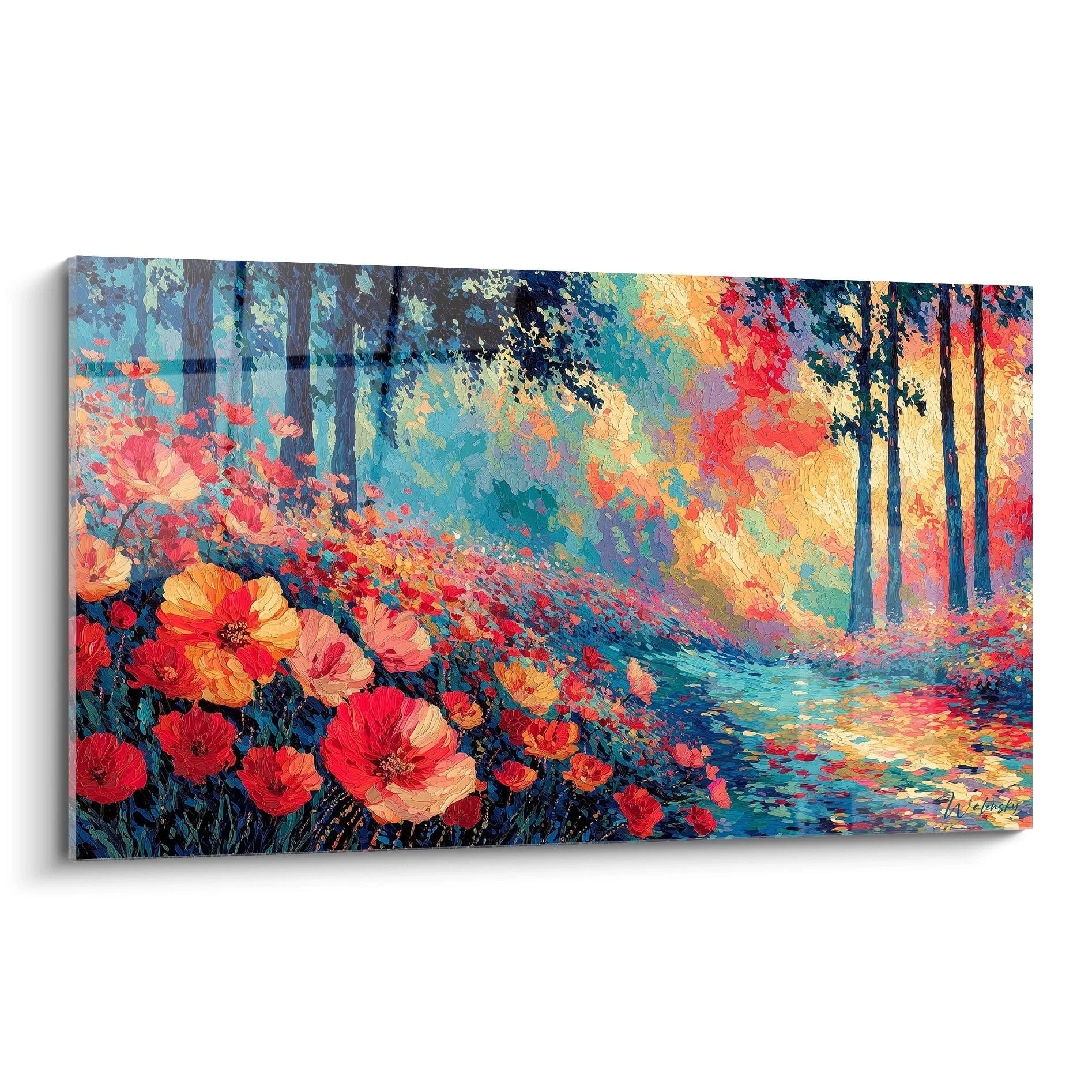 Tableau mural Walensky tableau paysage forestier pointillisme aux couleurs vives de fleurs et arbres