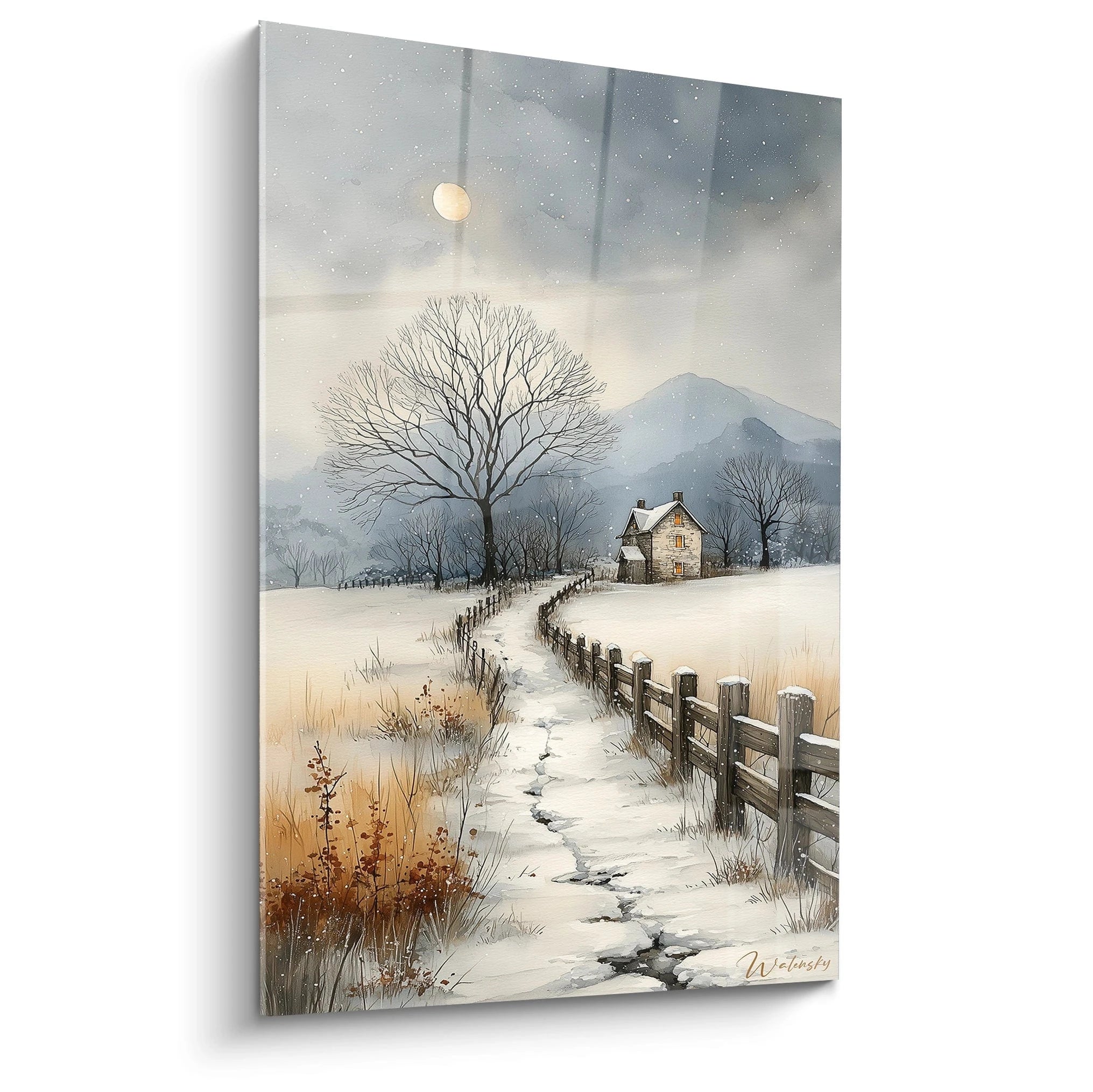 tableau paysage hiver Walensky mural montrant chaumiere enneigee chemin barriere arbre lune montagnes