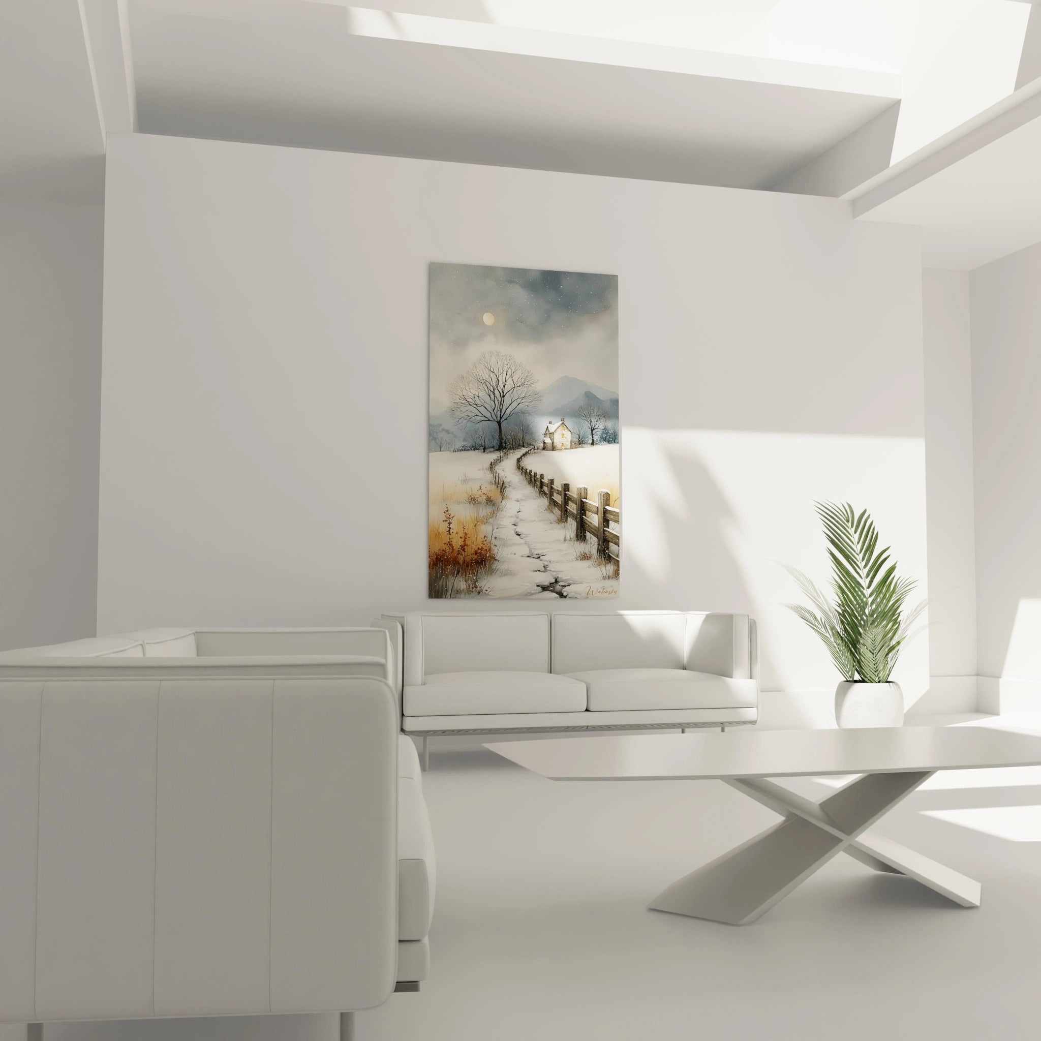 Tableau mural Walensky représentant un tableau paysage hiver de campagne enneigée avec sentier et maison au salon moderne