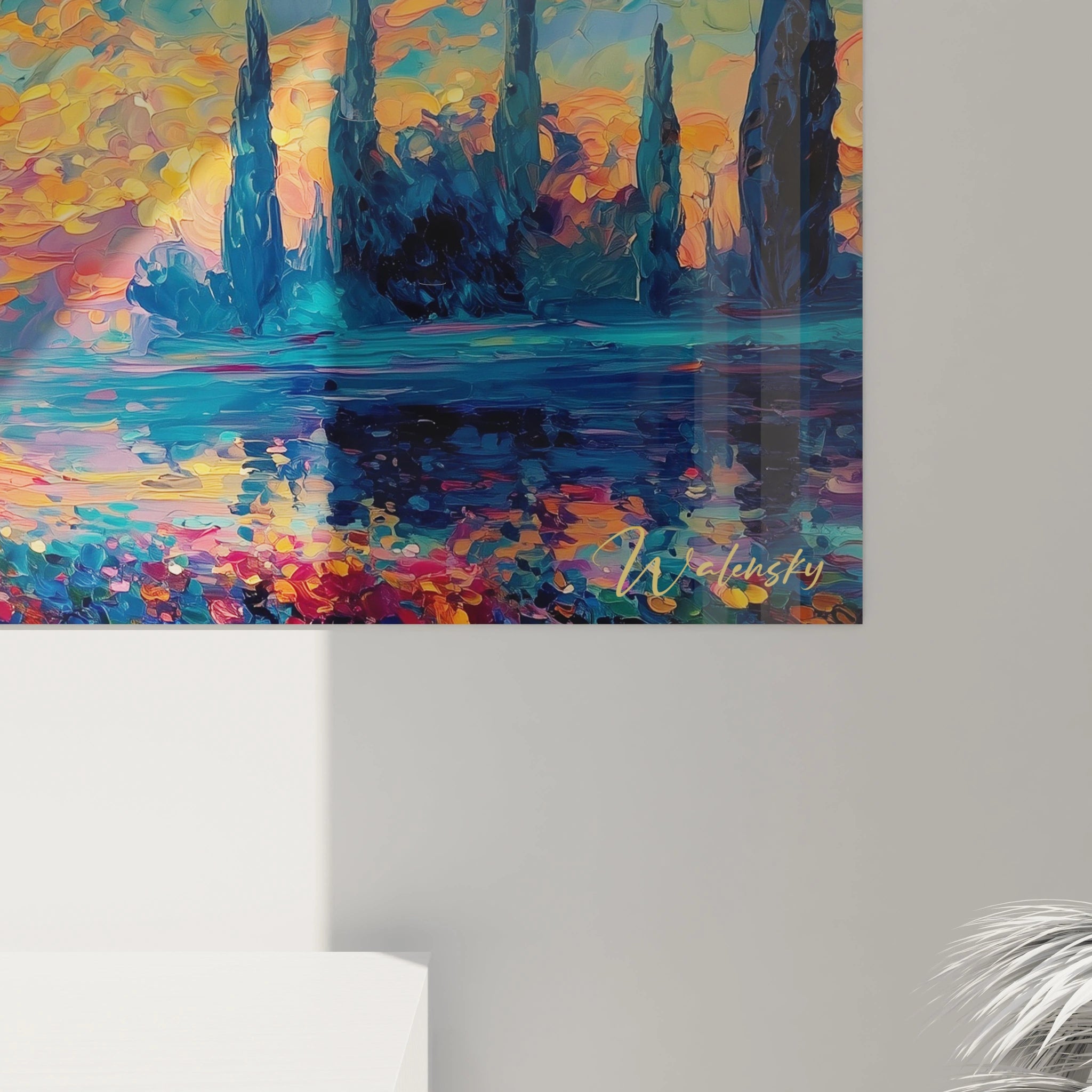 Walensky tableau paysage pointillisme doré abstrait aux larges touches jaunes or et rouges signature visible