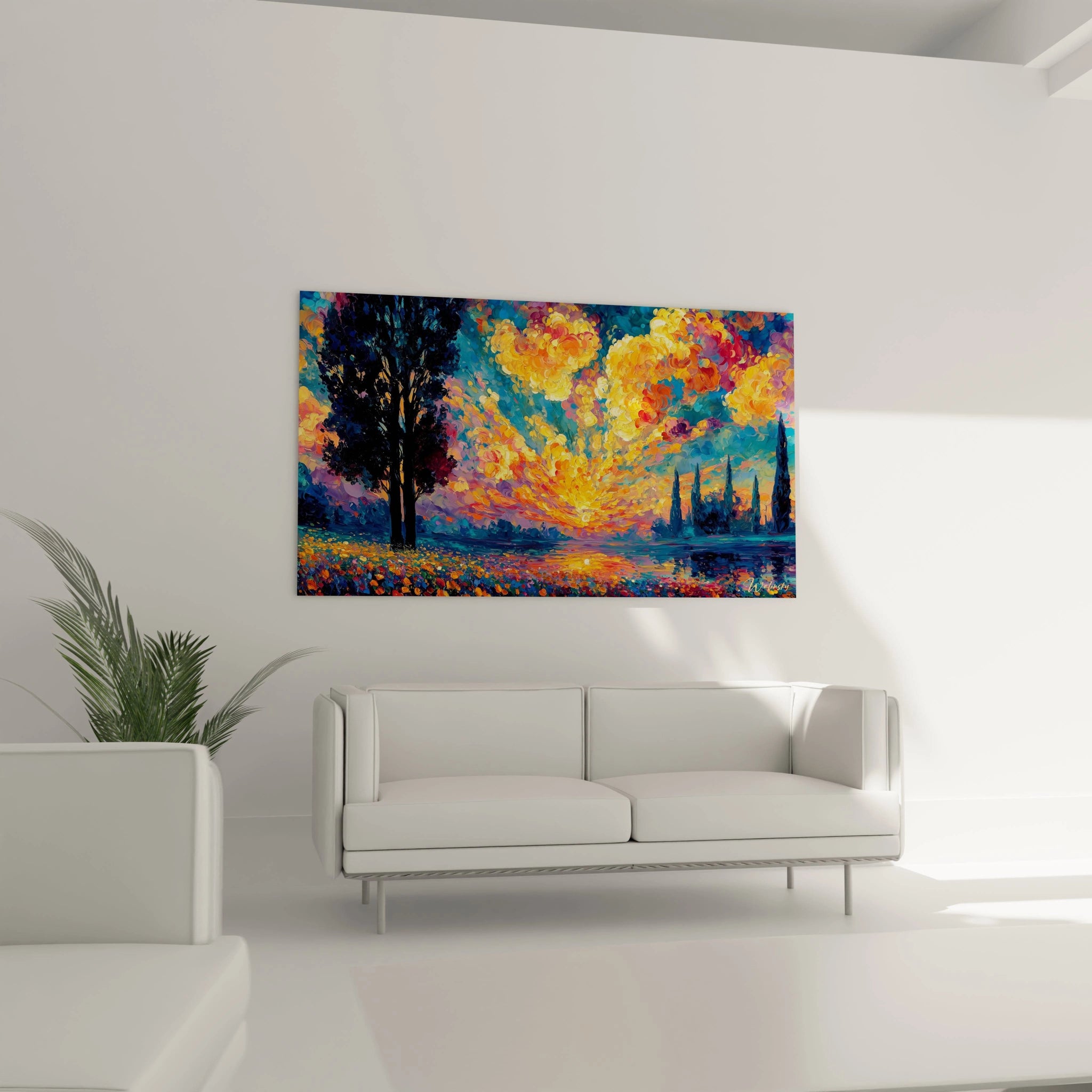 Walensky tableau paysage pointillisme doré montrant visage barbu en tons dorés et texture pointilliste pour salon moderne