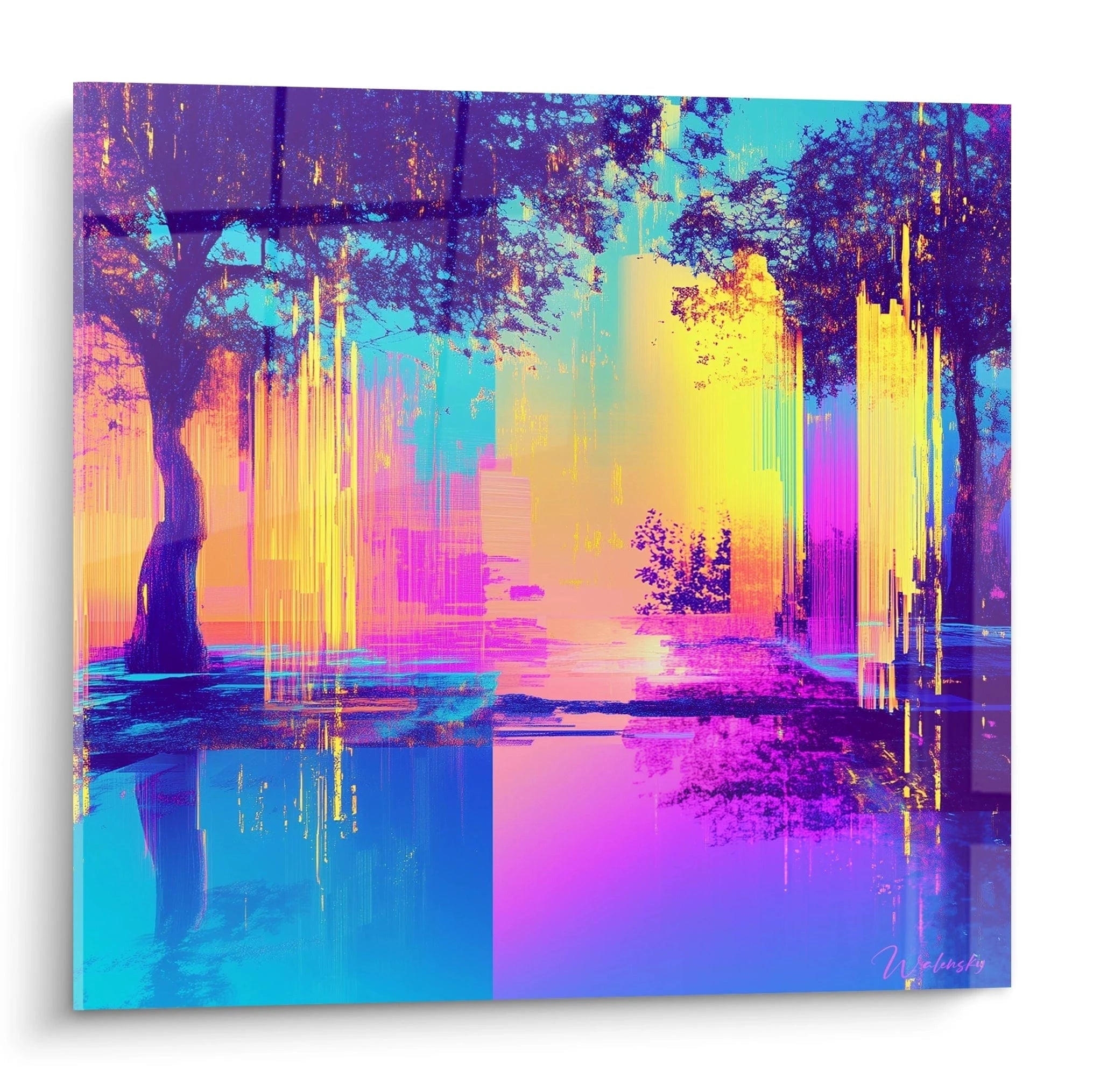 Tableau New York abstrait coloré signé Walensky avec paysage urbain et reflet lumineux