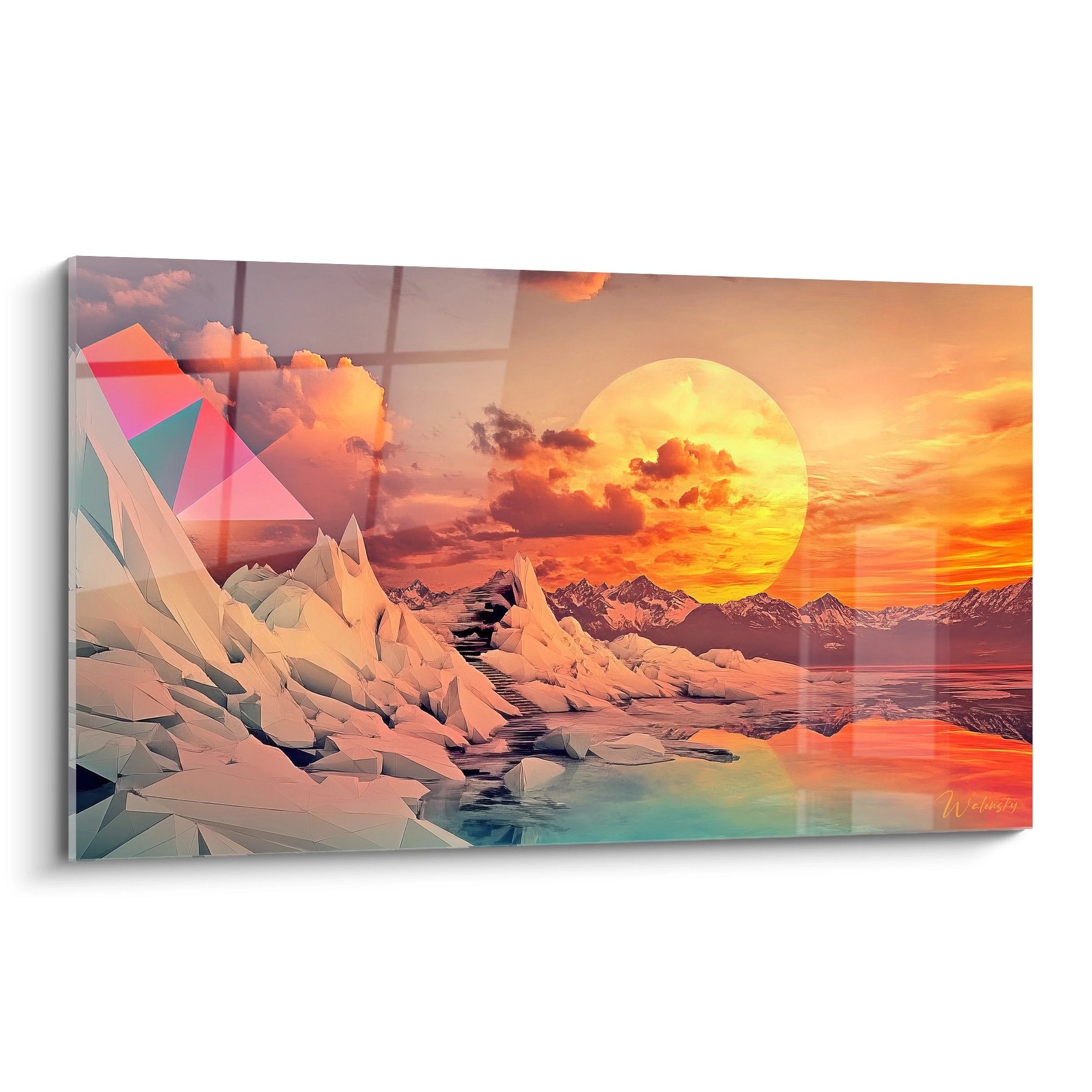 Tableau mural paysage futuriste avec formations cristallines géométriques et aurore dorée sur horizon montagneux