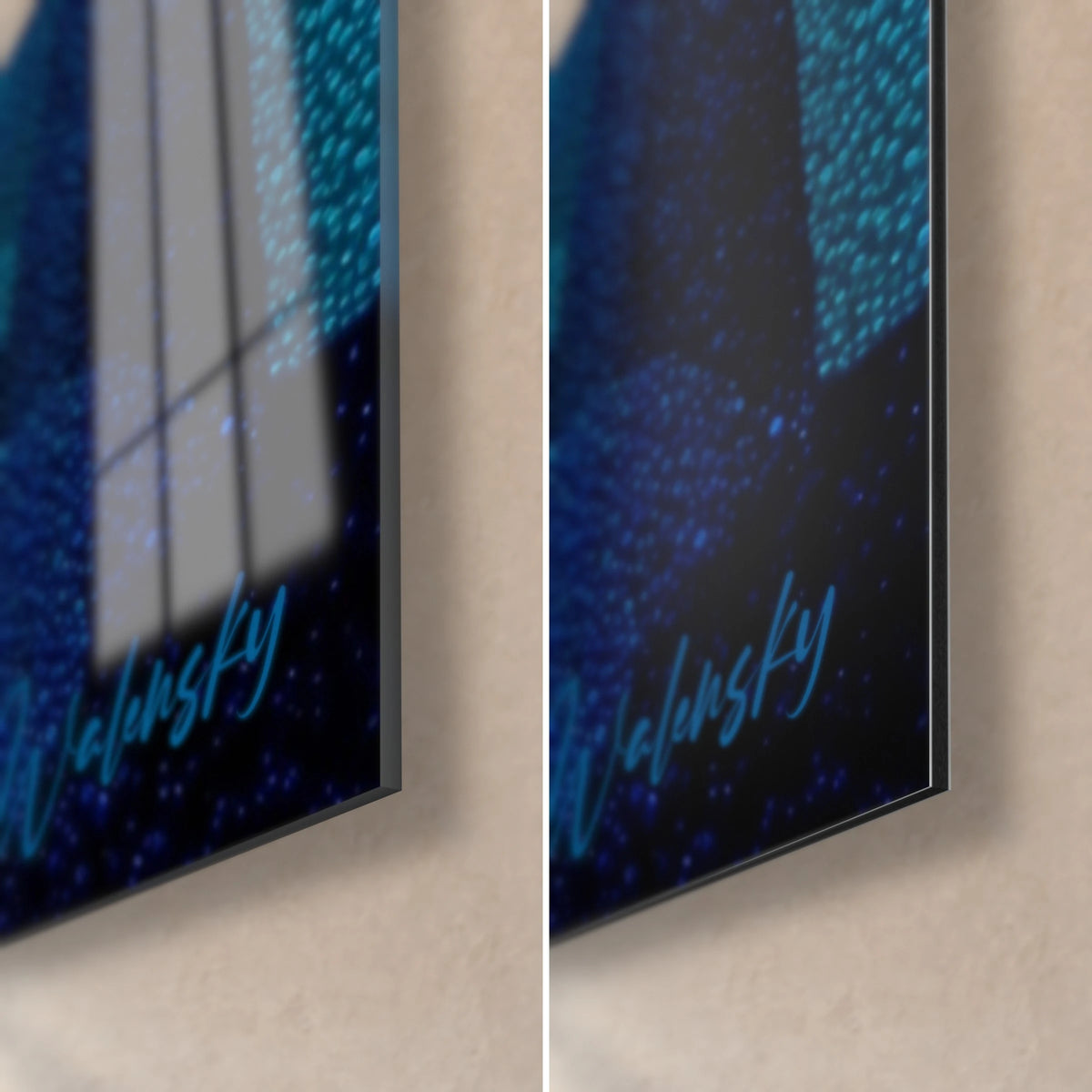 Cuadro copas puntillistas en azul noche y turquesa, esquina inferior derecha: cristal brillante que refleja la ventana, Dibond mate
