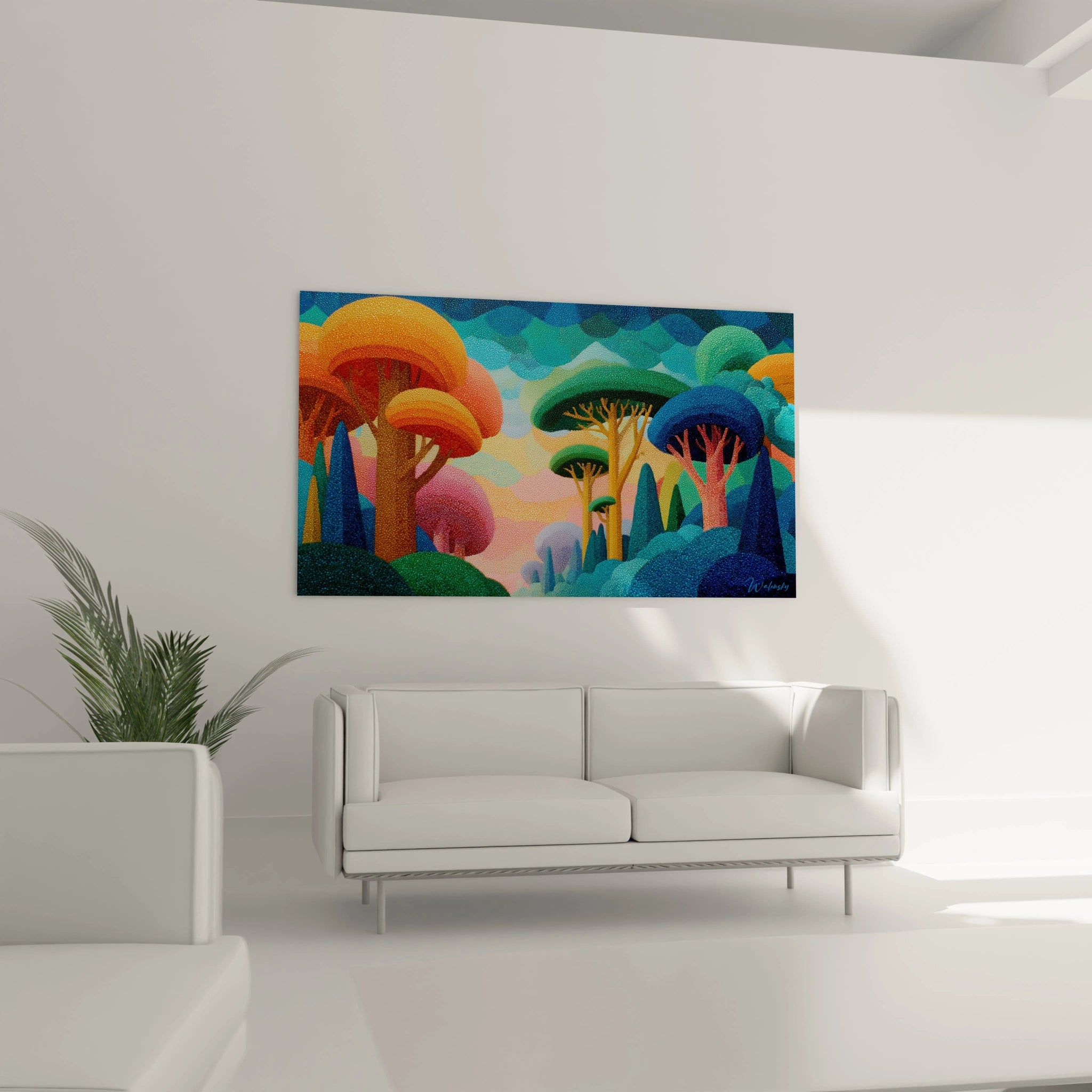 Walensky tableau pointillisme paysage végétal coloré avec arbres stylisés et collines accroché au dessus d un canapé blanc moderne