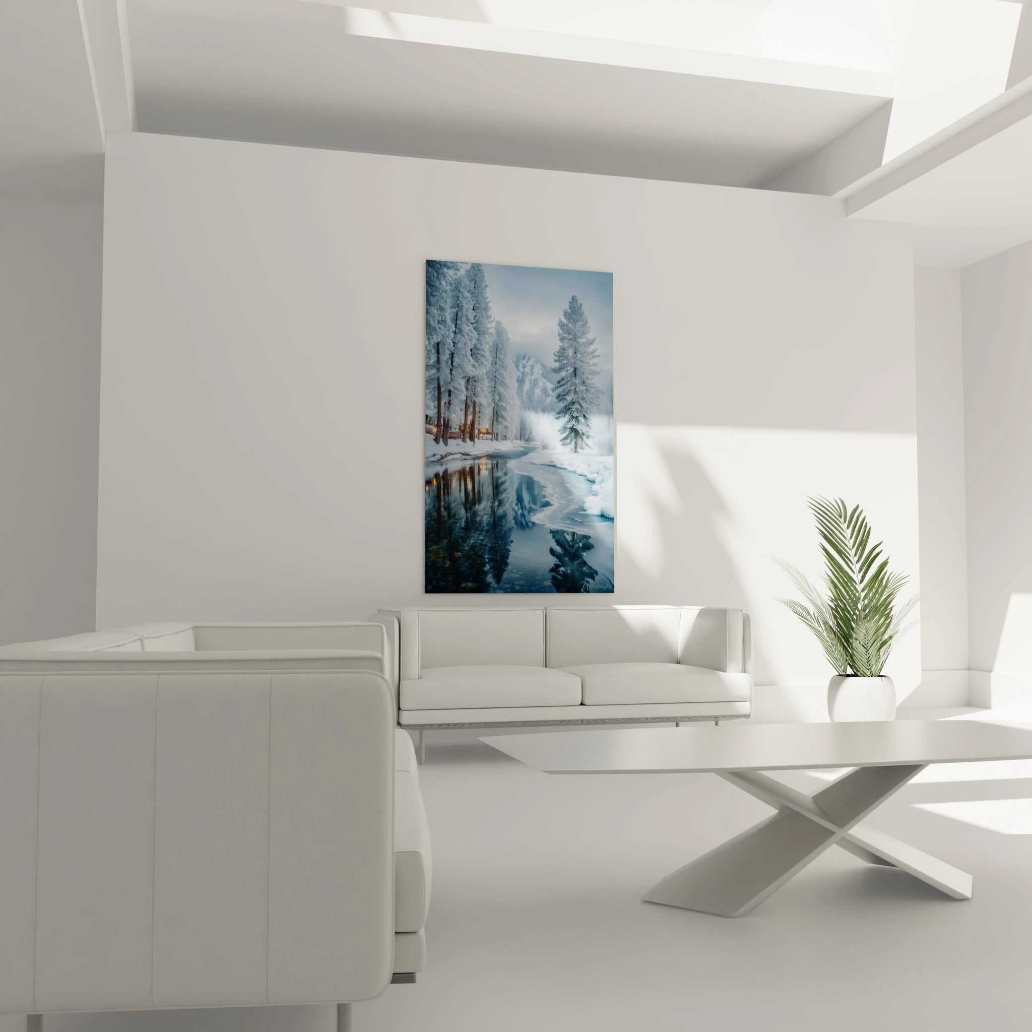 tableau paysage hivernal Walensky accroché sur mur blanc dans salon moderne minimaliste avec canapé