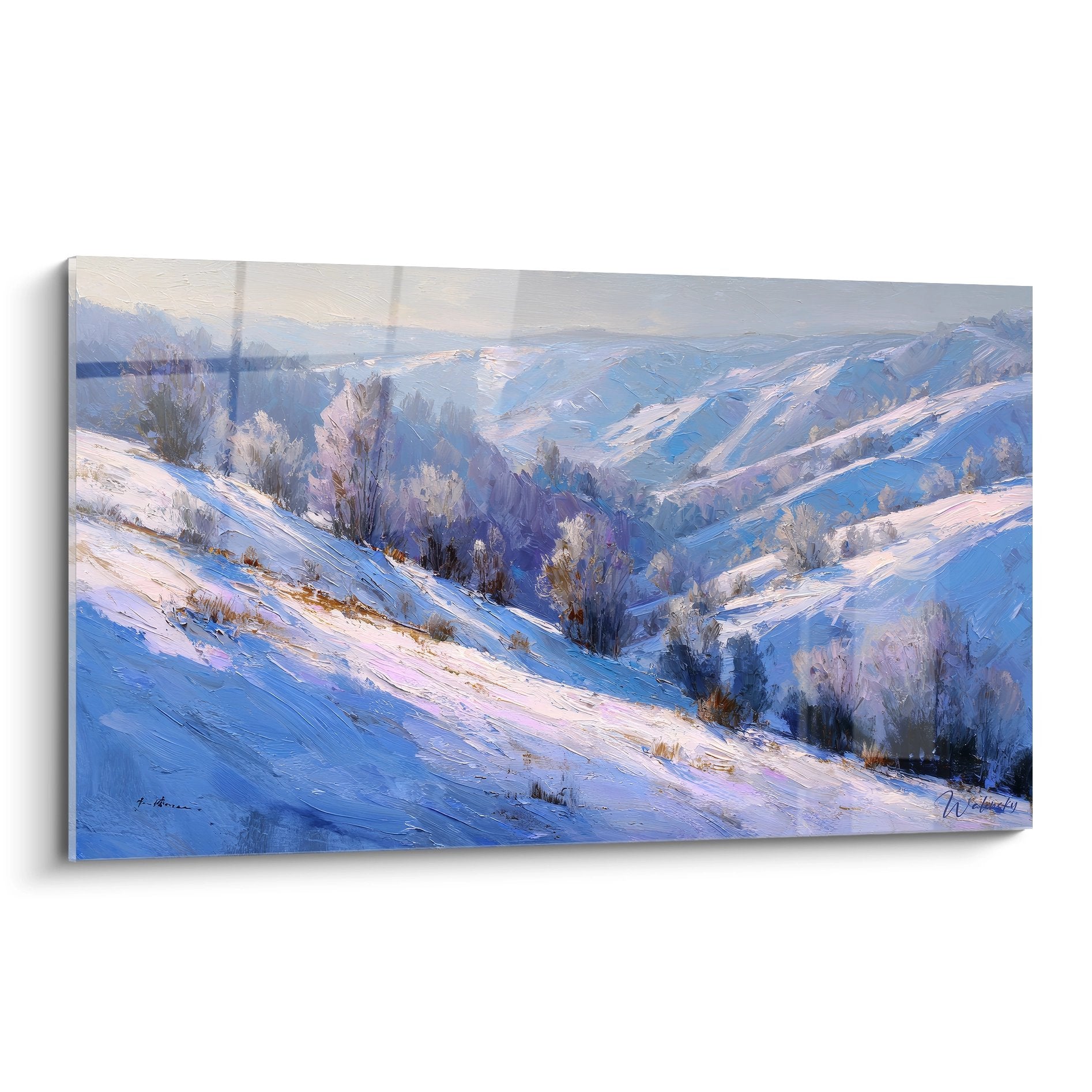 Tableau paysage hivernal montagneux avec vallée enneigée et collines blanches sous ciel nuageux