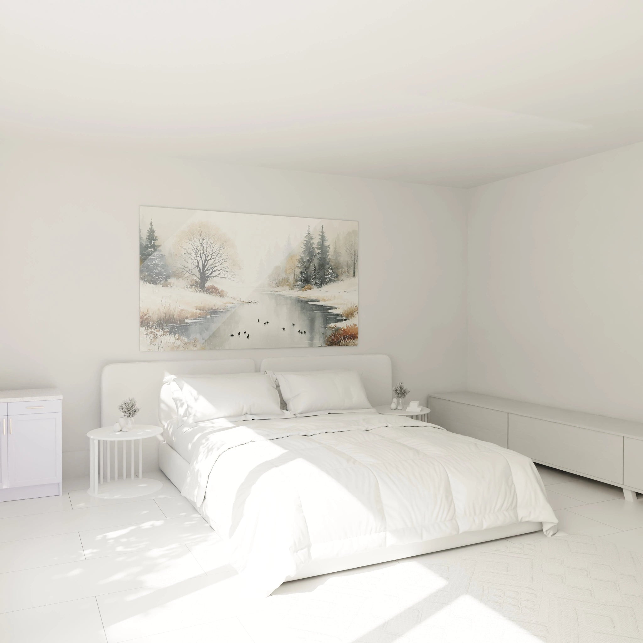 Tableau mural Walensky tableau paysage hivernal accroche au dessus d un lit blanc minimaliste dans une chambre lumineuse et epuree