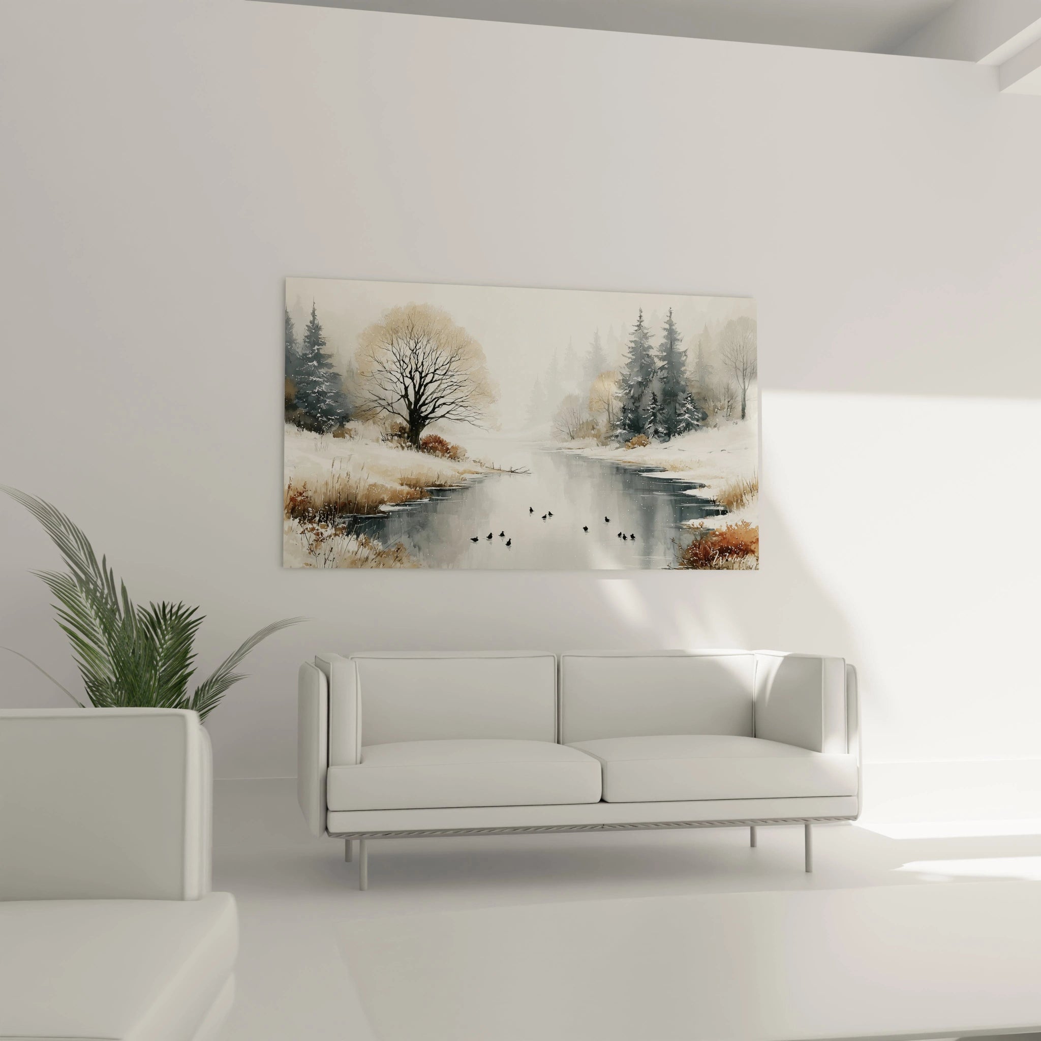 tableau paysage hivernal Walensky accroche au dessus d un canape blanc montrant riviere gelee arbres et canards