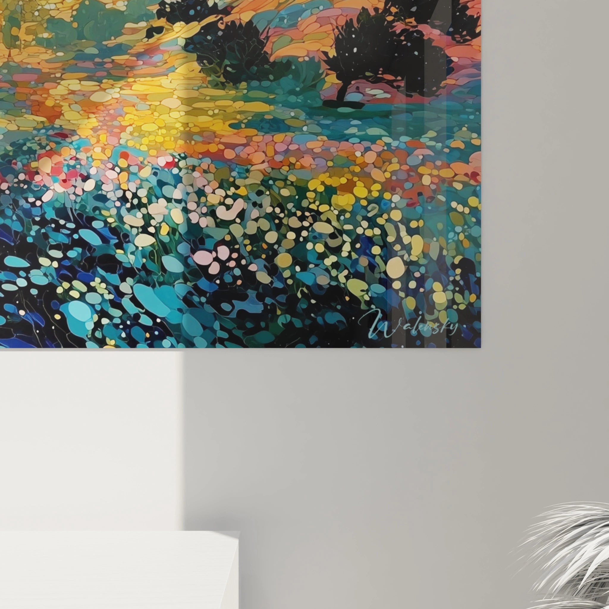 tableau paysage pointillisme Walensky coloré accroché au mur coin de meuble blanc et signature visible